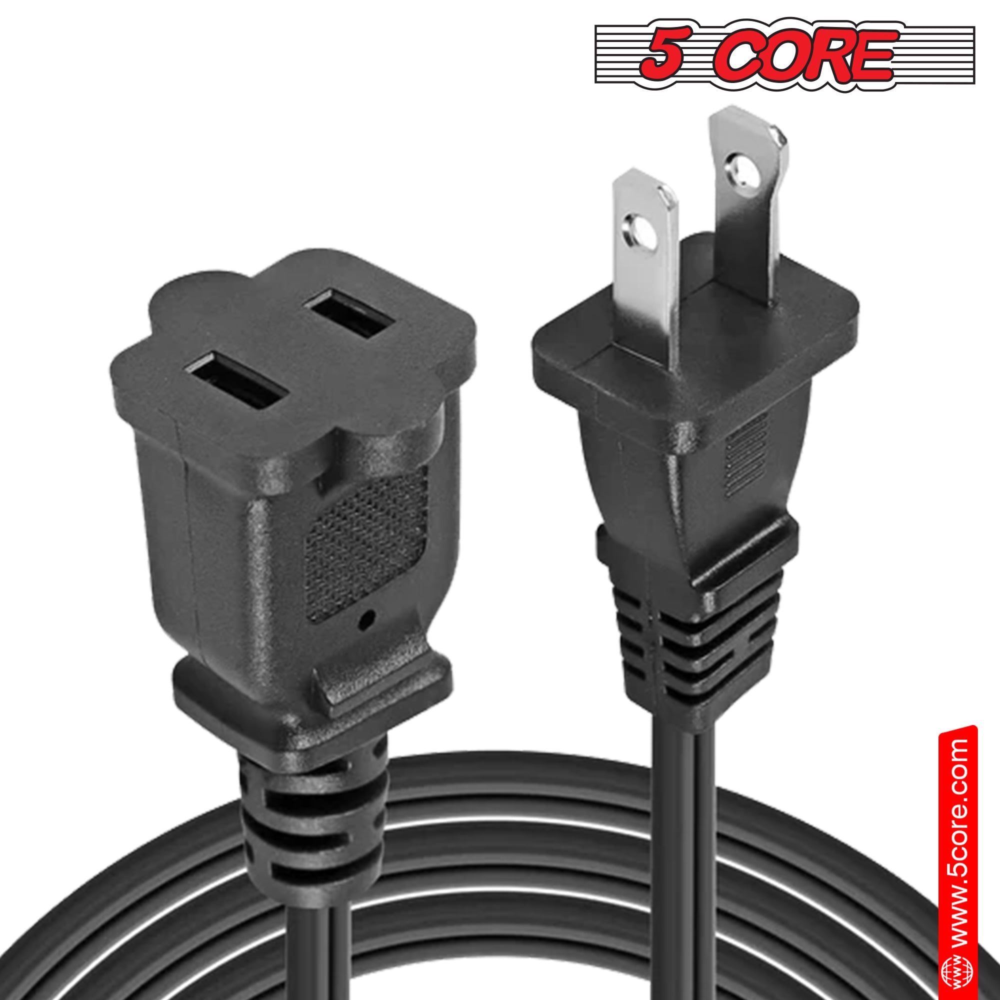 5 Core 2 Prong Extension Cord, 10 ft long, black color, designed for indoor and outdoor use with a durable PVC vinyl jacket.