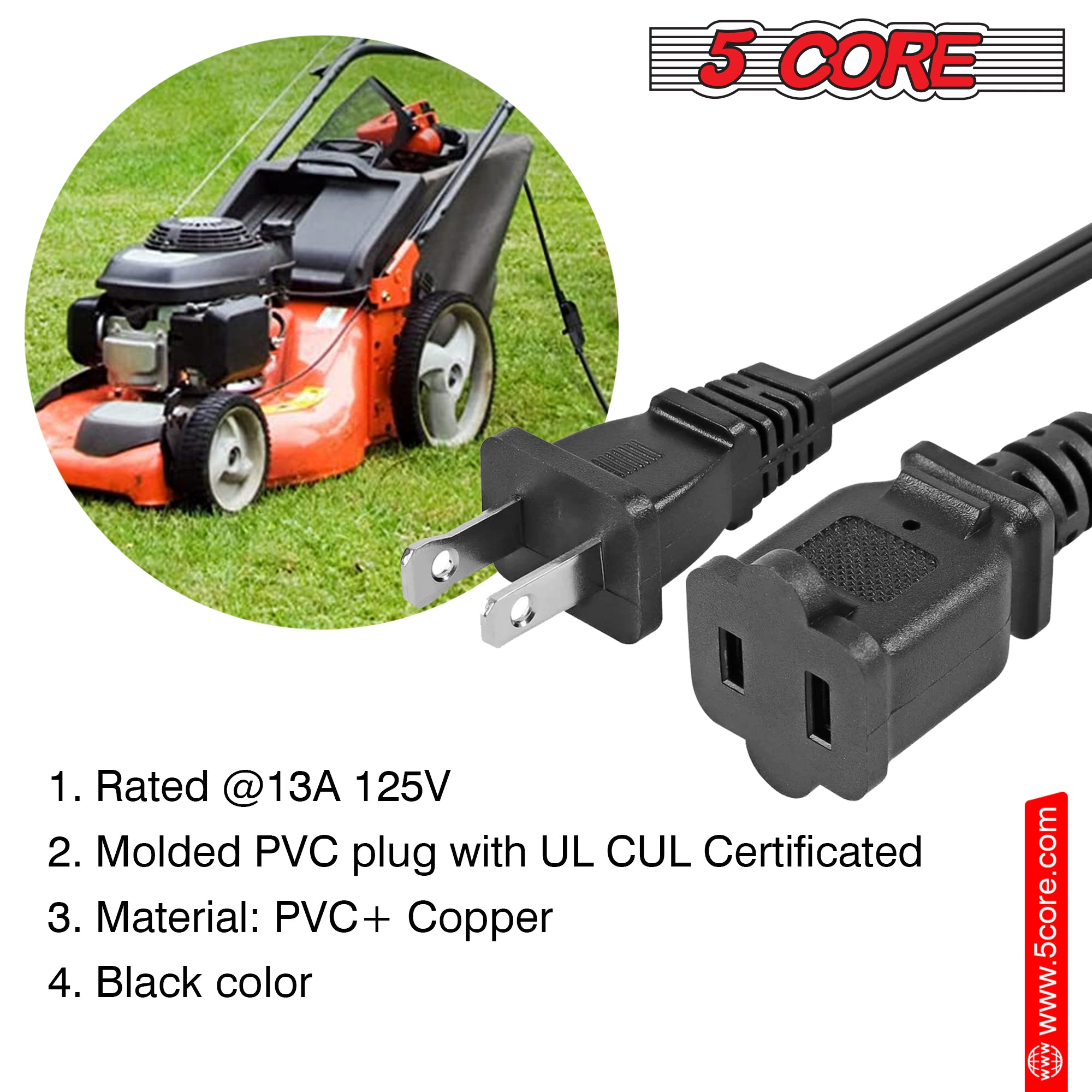 5 Core 2 Prong Extension Cord, 10 ft long, black color, designed for indoor and outdoor use with a durable PVC vinyl jacket.