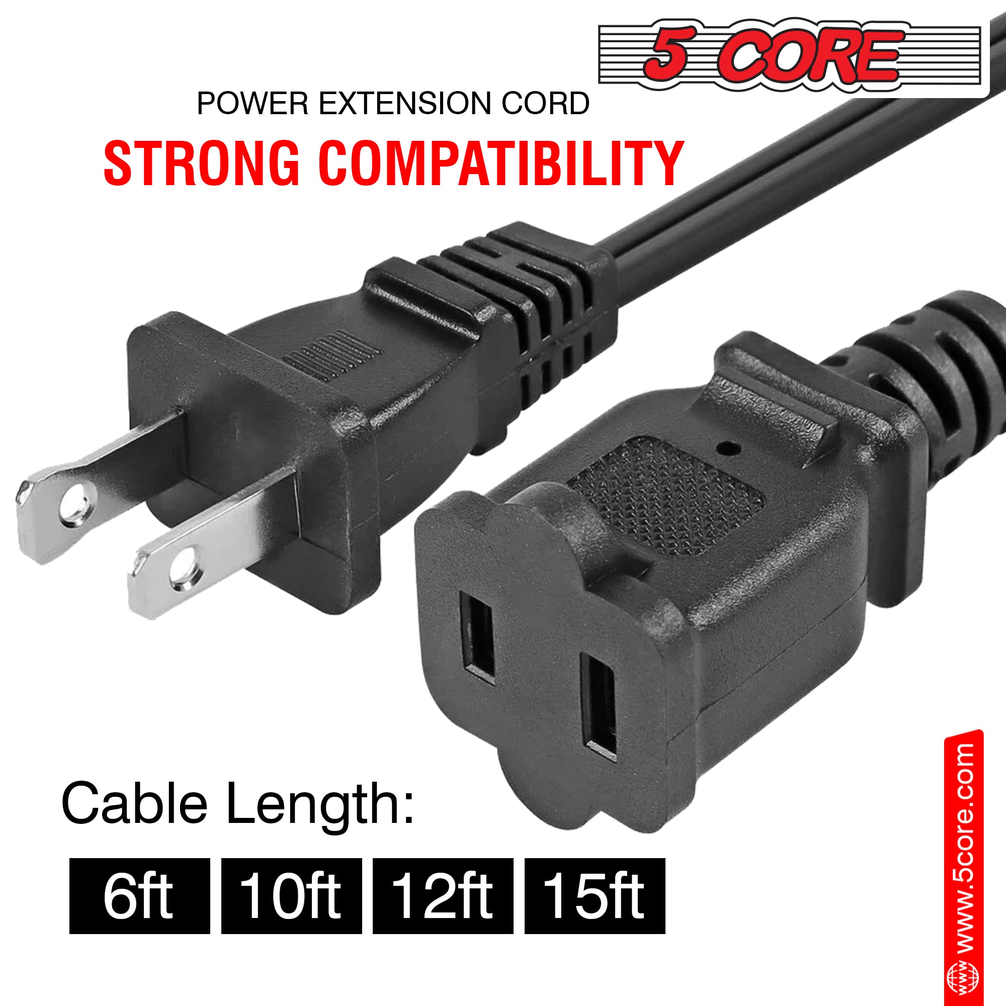 5 Core 2 Prong Extension Cord, 10 ft long, black color, designed for indoor and outdoor use with a durable PVC vinyl jacket.