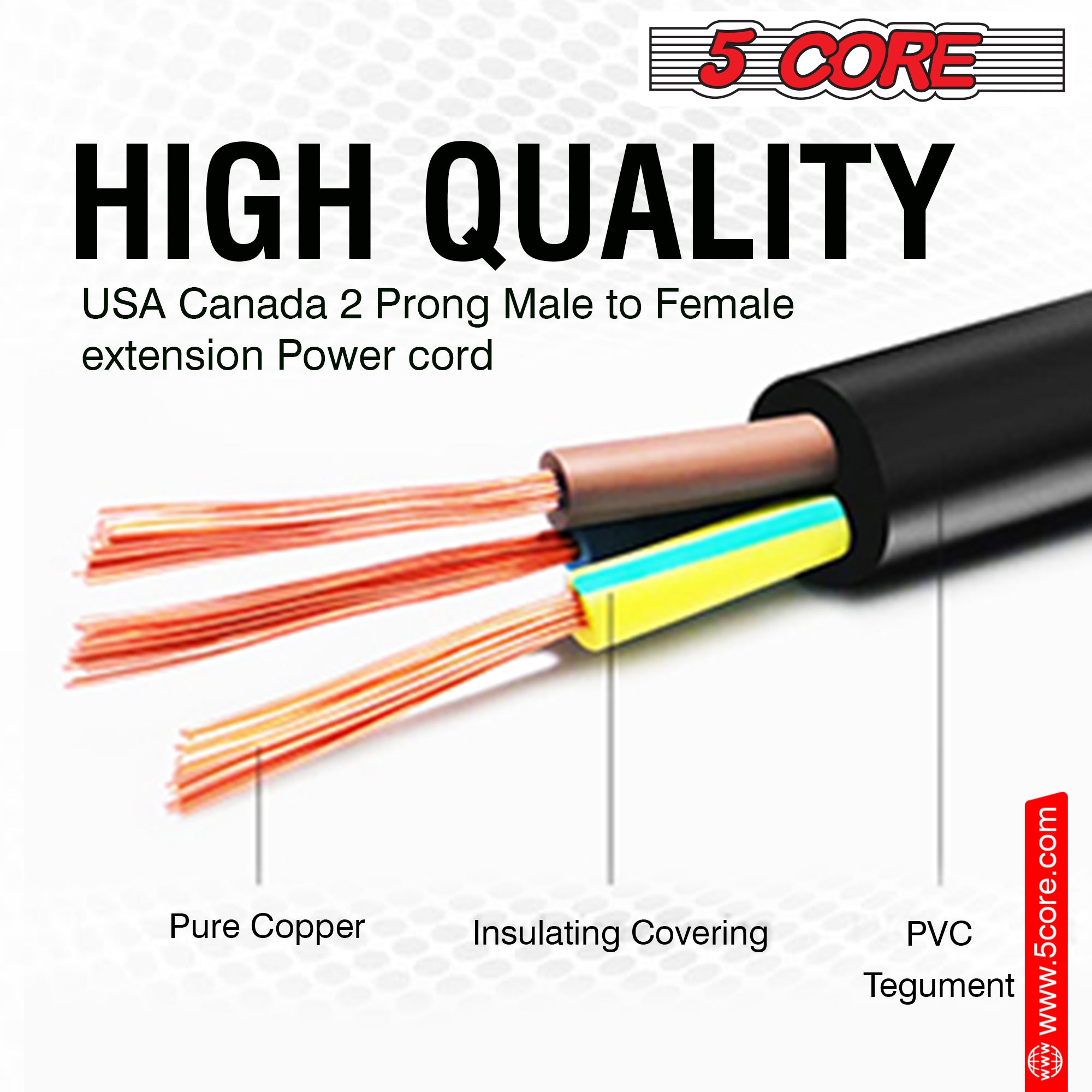 5 Core 2 Prong Extension Cord, 10 ft long, black color, designed for indoor and outdoor use with a durable PVC vinyl jacket.