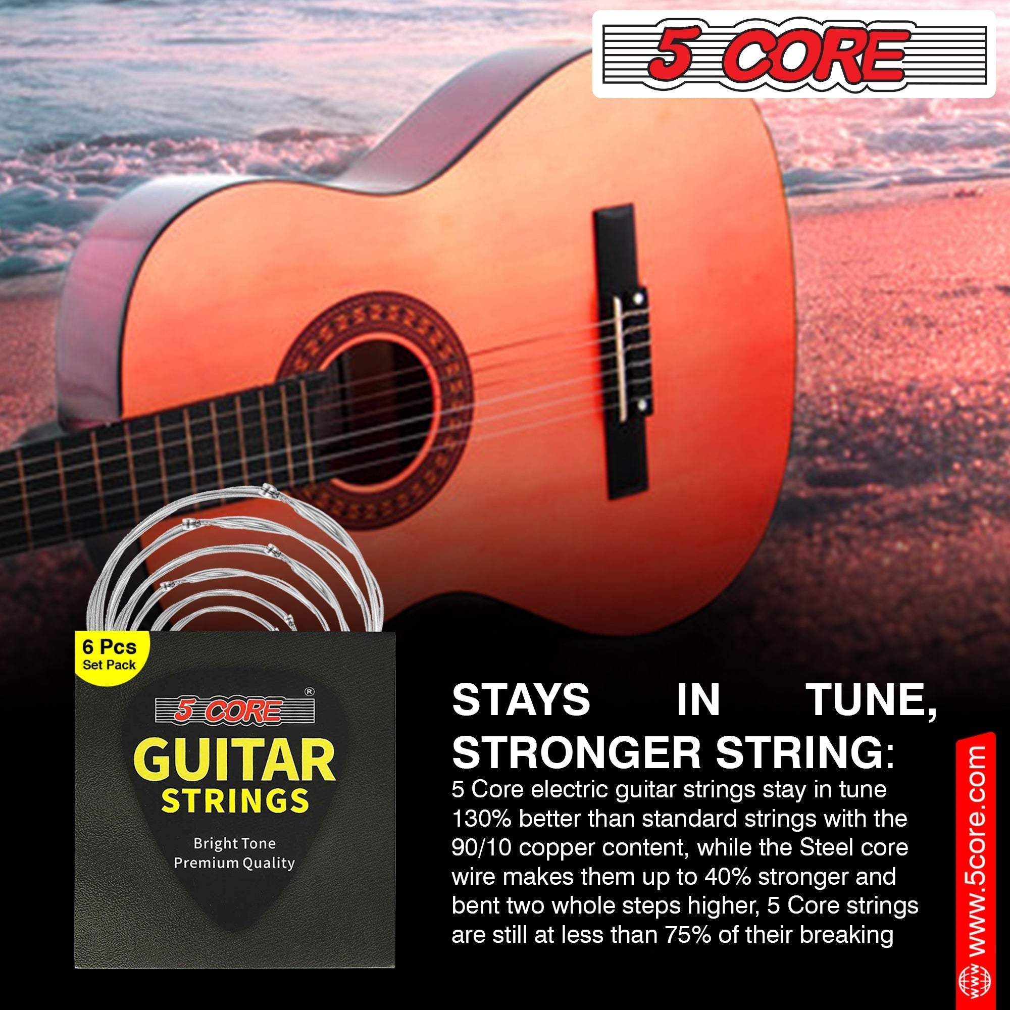 5 Core 12 Set Guitar Strings, featuring steel core for durability and bright tone, ideal for various music styles.