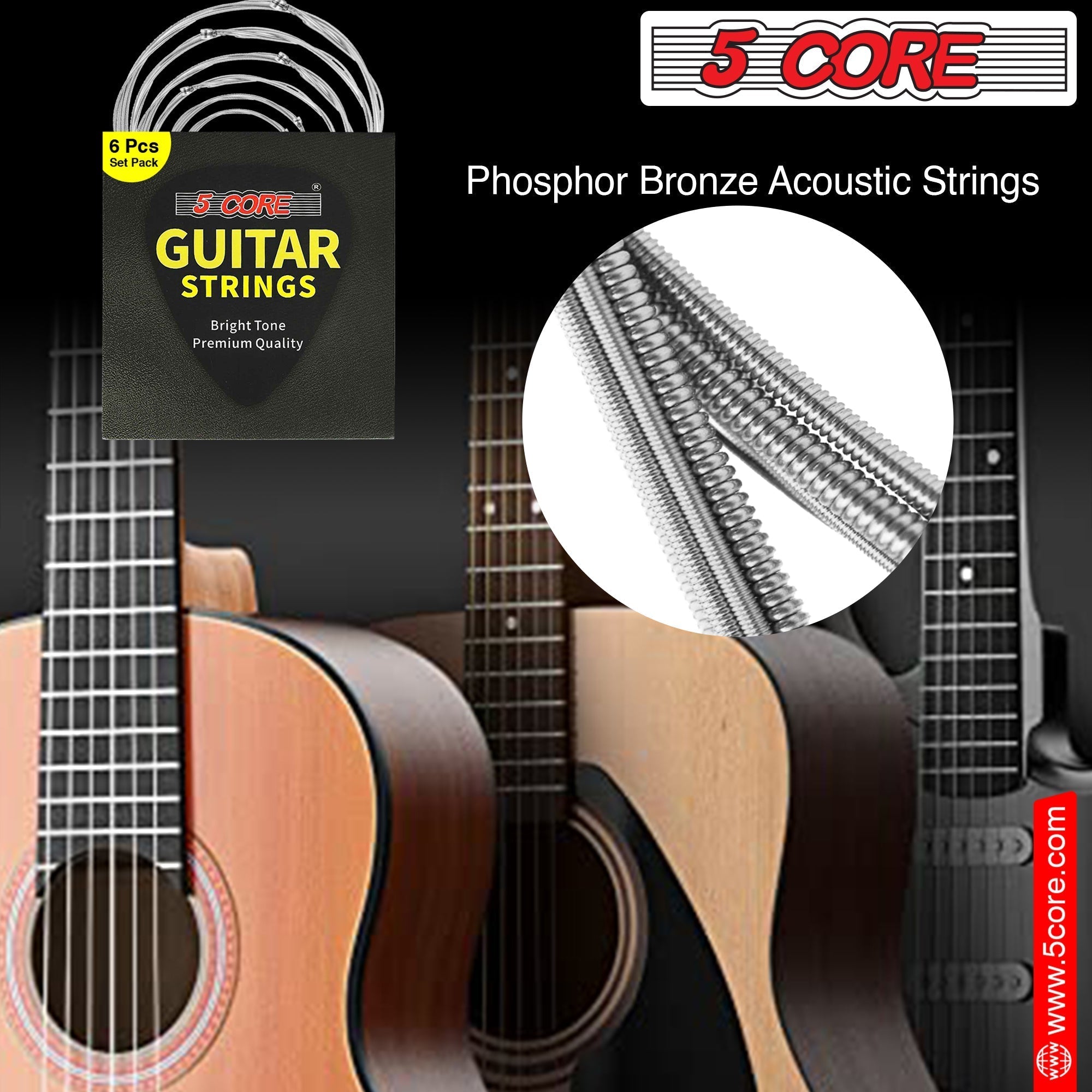 5 Core 12 Set Guitar Strings, featuring steel core for durability and bright tone, ideal for various music styles.