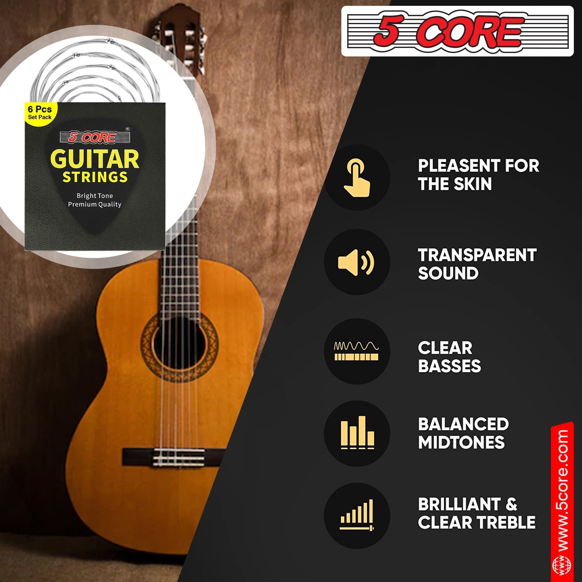 5 Core 12 Set Guitar Strings, featuring steel core for durability and bright tone, ideal for various music styles.