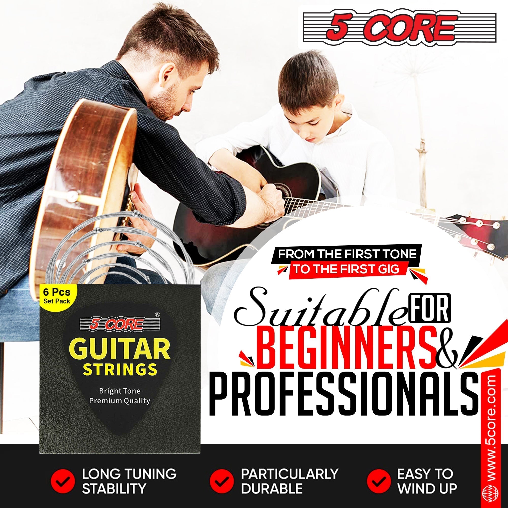 5 Core 12 Set Guitar Strings, featuring steel core for durability and bright tone, ideal for various music styles.