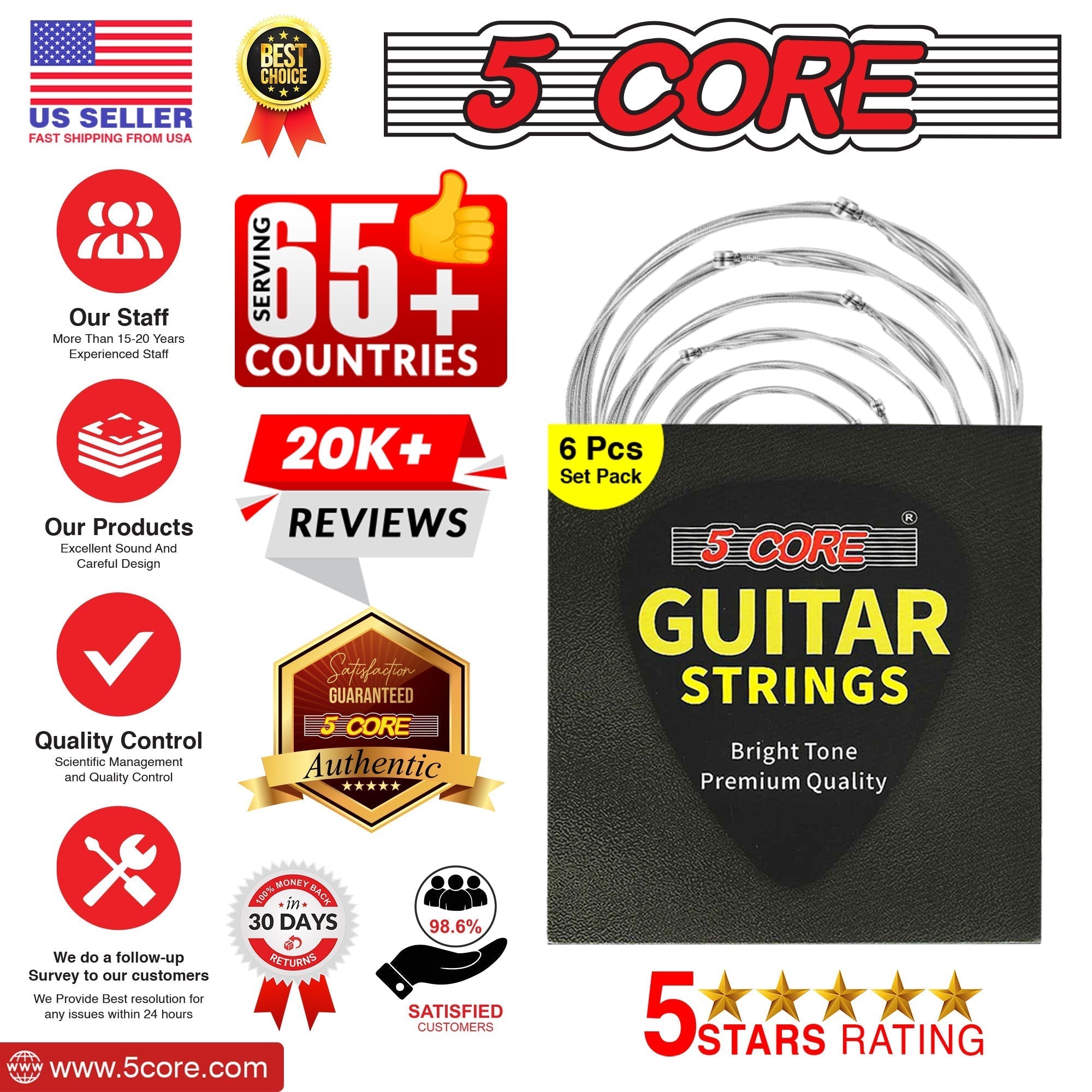 5 Core 12 Set Guitar Strings, featuring steel core for durability and bright tone, ideal for various music styles.