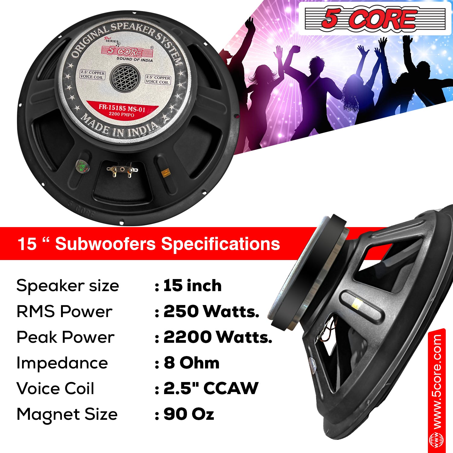 5 Core 15 Inch Subwoofer Speaker showcasing its robust design and features, ideal for DJs and home entertainment systems.