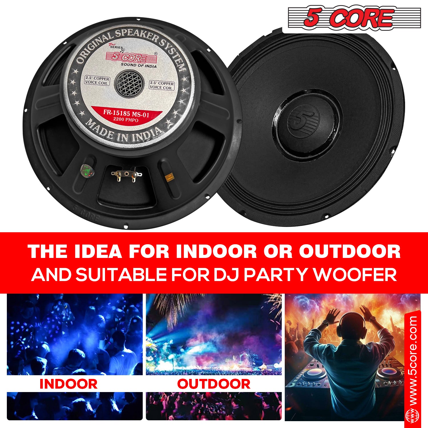 5 Core 15 Inch Subwoofer Speaker showcasing its robust design and features, ideal for DJs and home entertainment systems.