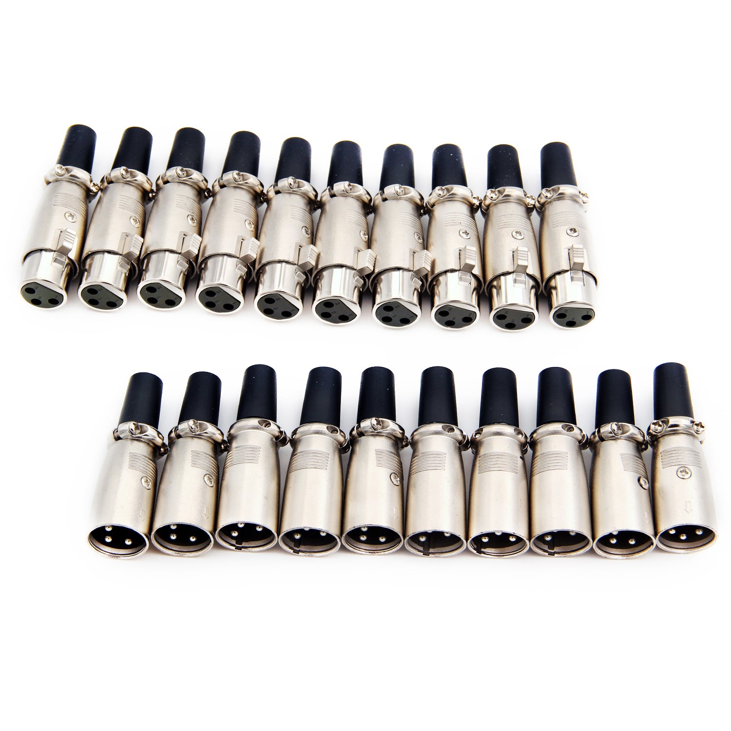 A pack of 20 XLR male and female microphone connectors, showcasing durable zinc alloy construction and 3-pin design for high-quality audio connections.