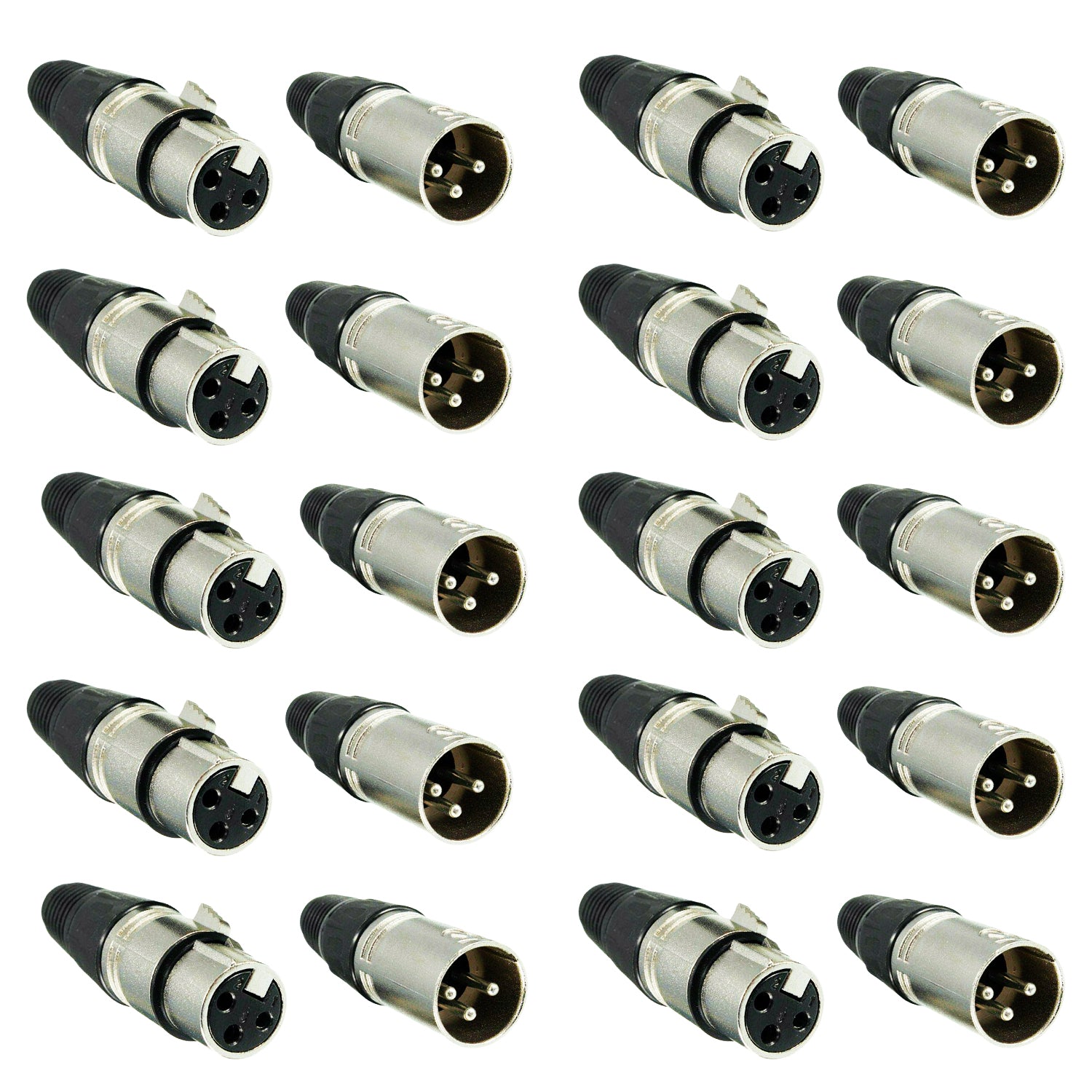 A pack of 20 XLR male and female microphone connectors, showcasing durable zinc alloy construction and 3-pin design for high-quality audio connections.