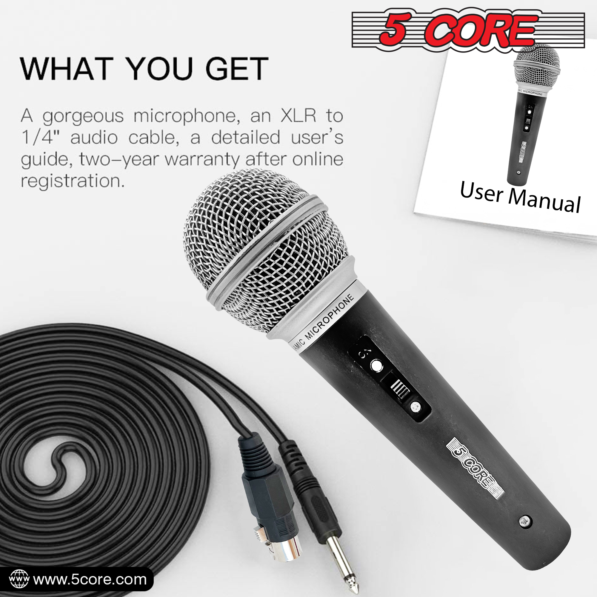 5 CORE Premium Vocal Dynamic Cardioid Handheld Microphone with XLR cable, designed for live performances and studio recordings.