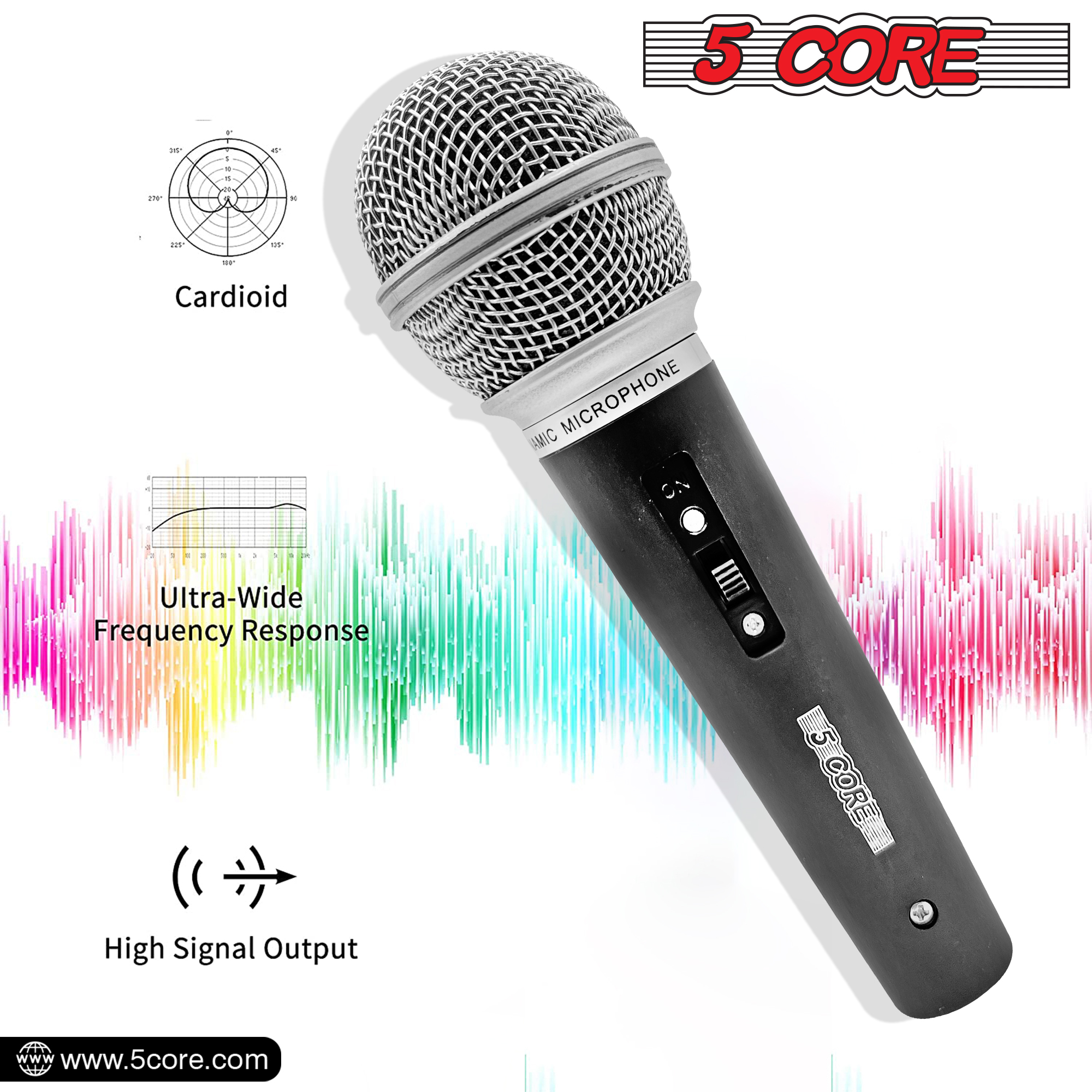 5 CORE Premium Vocal Dynamic Cardioid Handheld Microphone with XLR cable, designed for live performances and studio recordings.