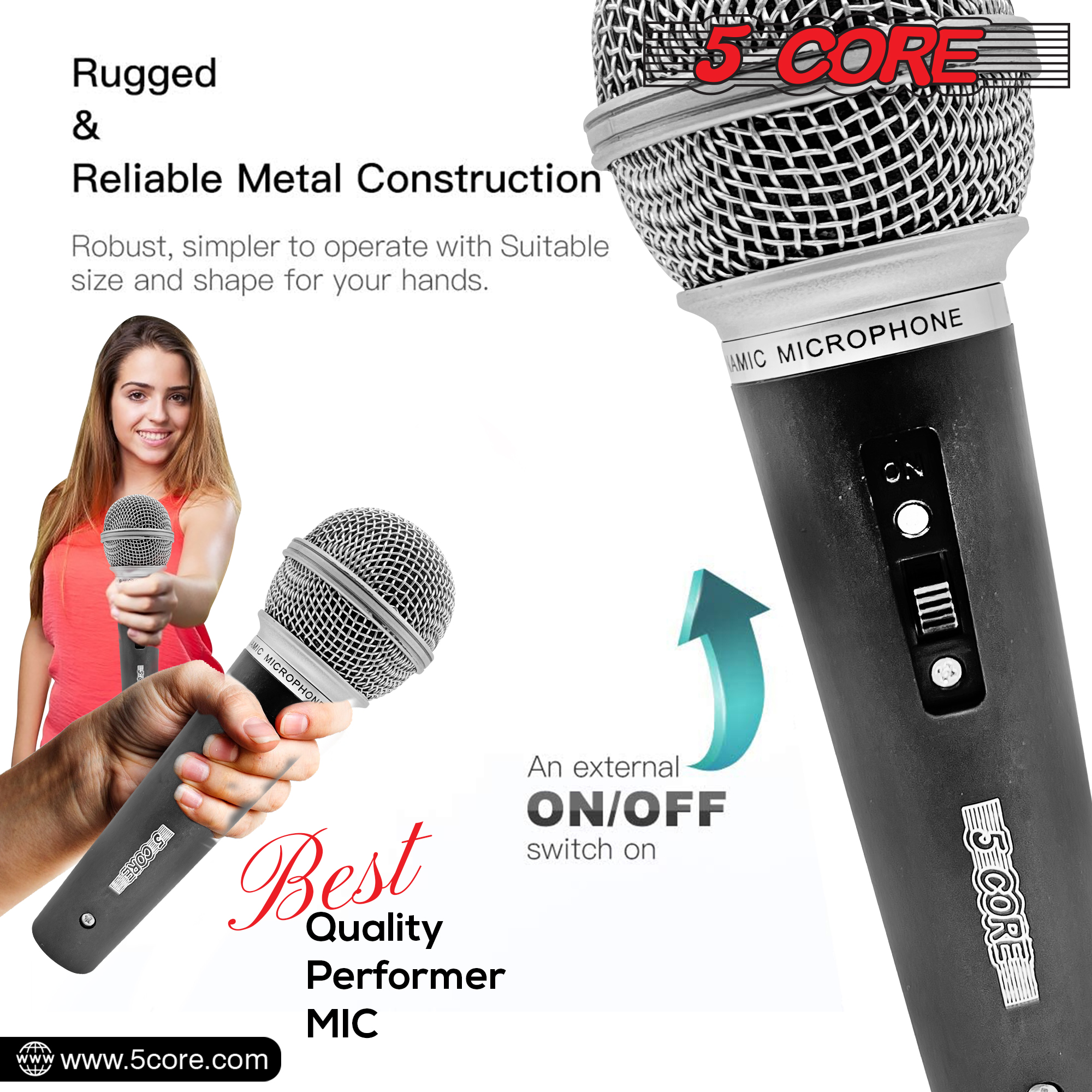 5 CORE Premium Vocal Dynamic Cardioid Handheld Microphone with XLR cable, designed for live performances and studio recordings.