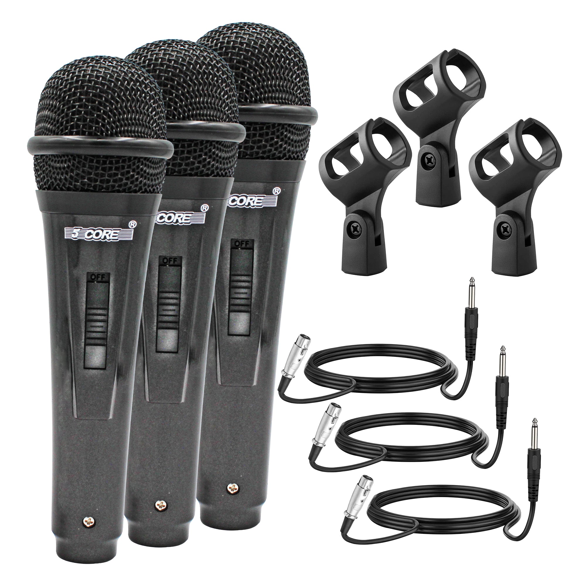 5 CORE 3 Pack Vocal Dynamic Cardioid Handheld Microphone with metal body and foam padding for shock protection.