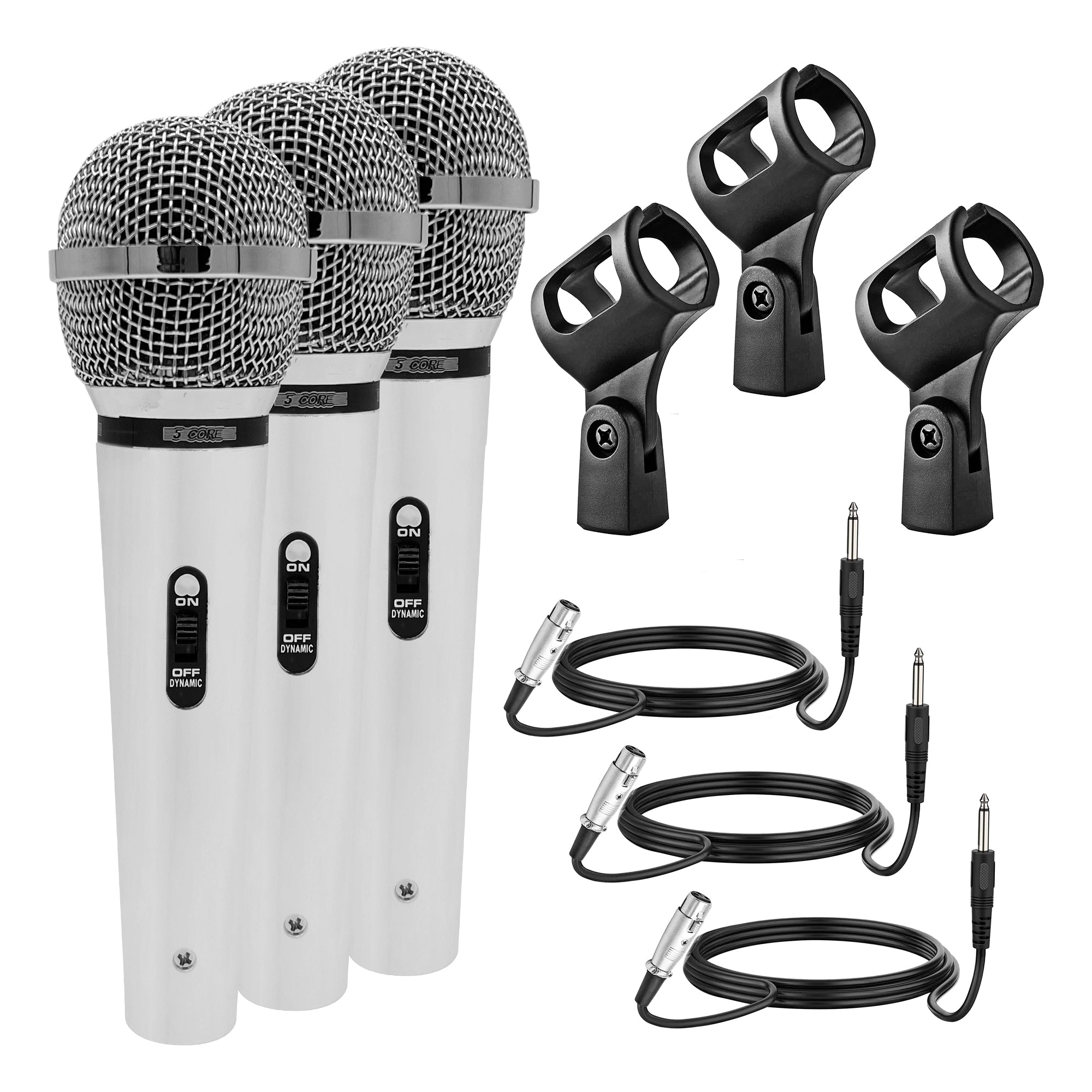 5 CORE 3 Pack Vocal Dynamic Cardioid Handheld Microphones with metal body and ergonomic design.