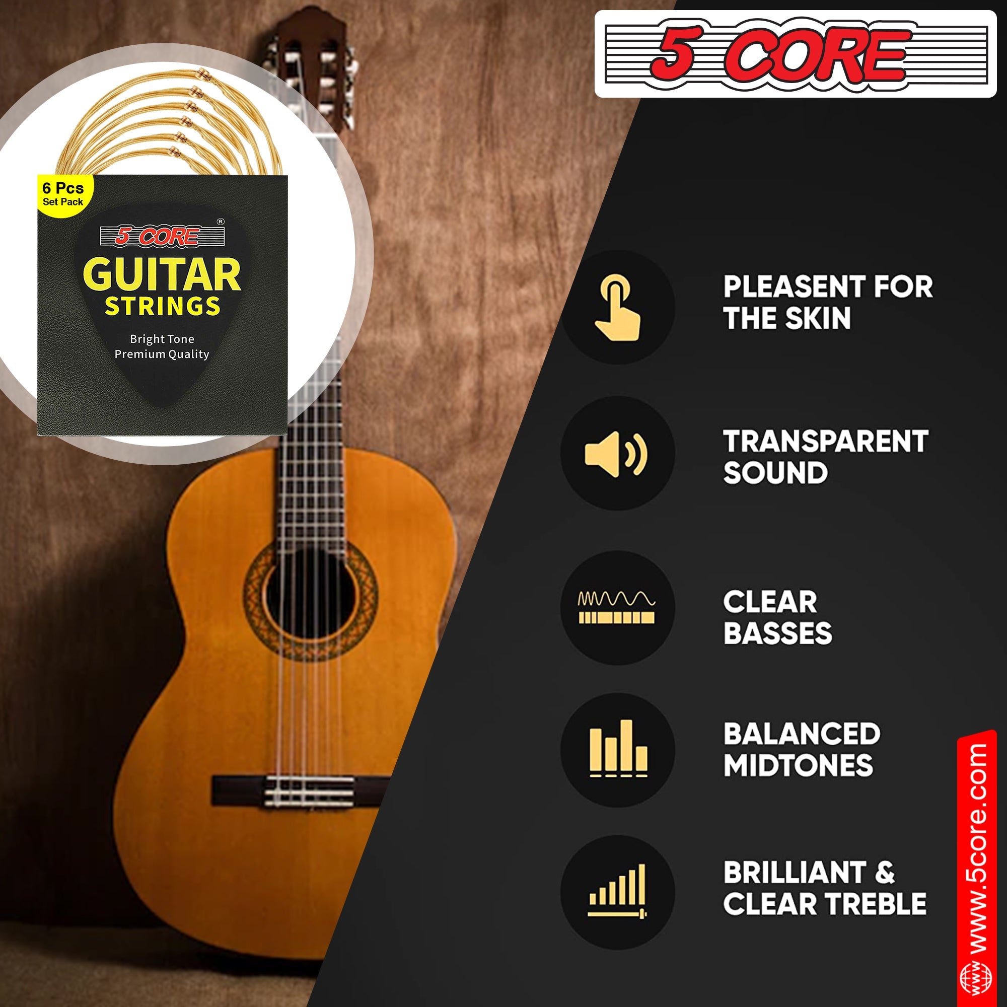 5 Core 3 Set Guitar Strings, featuring corrosion-resistant phosphor bronze construction for warm, balanced tones, ideal for acoustic guitars.