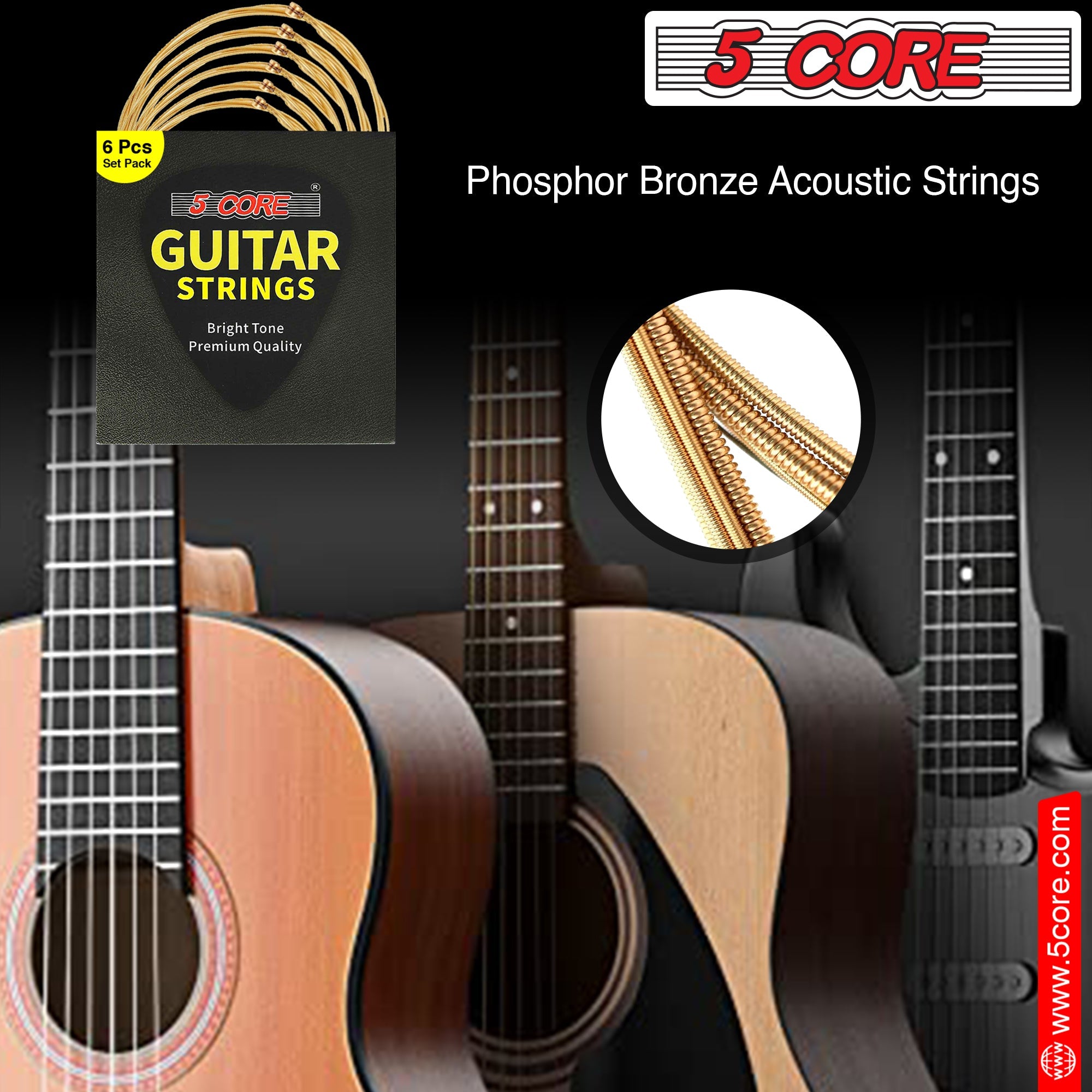 5 Core 3 Set Guitar Strings, featuring corrosion-resistant phosphor bronze construction for warm, balanced tones, ideal for acoustic guitars.