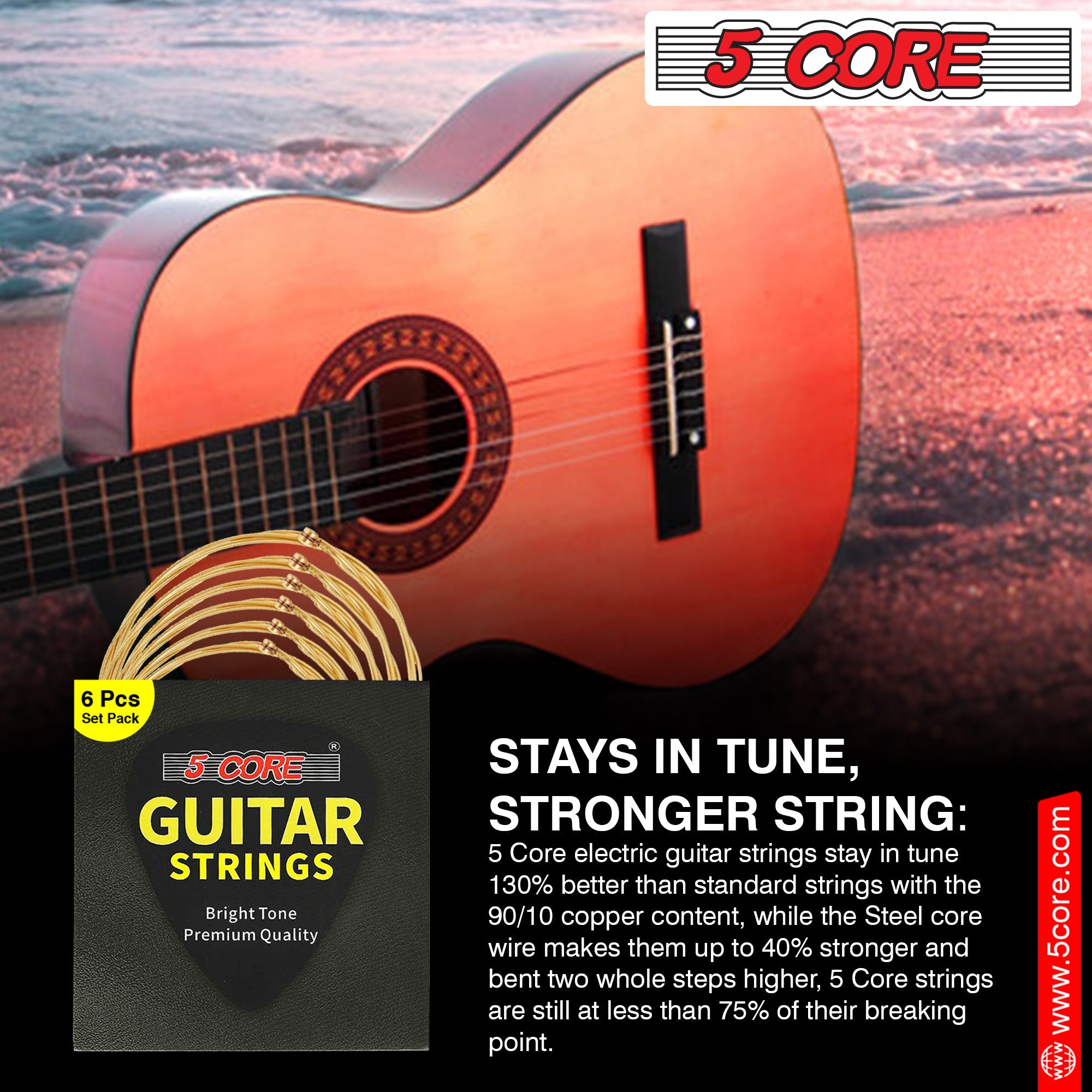 5 Core 3 Set Guitar Strings, featuring corrosion-resistant phosphor bronze construction for warm, balanced tones, ideal for acoustic guitars.