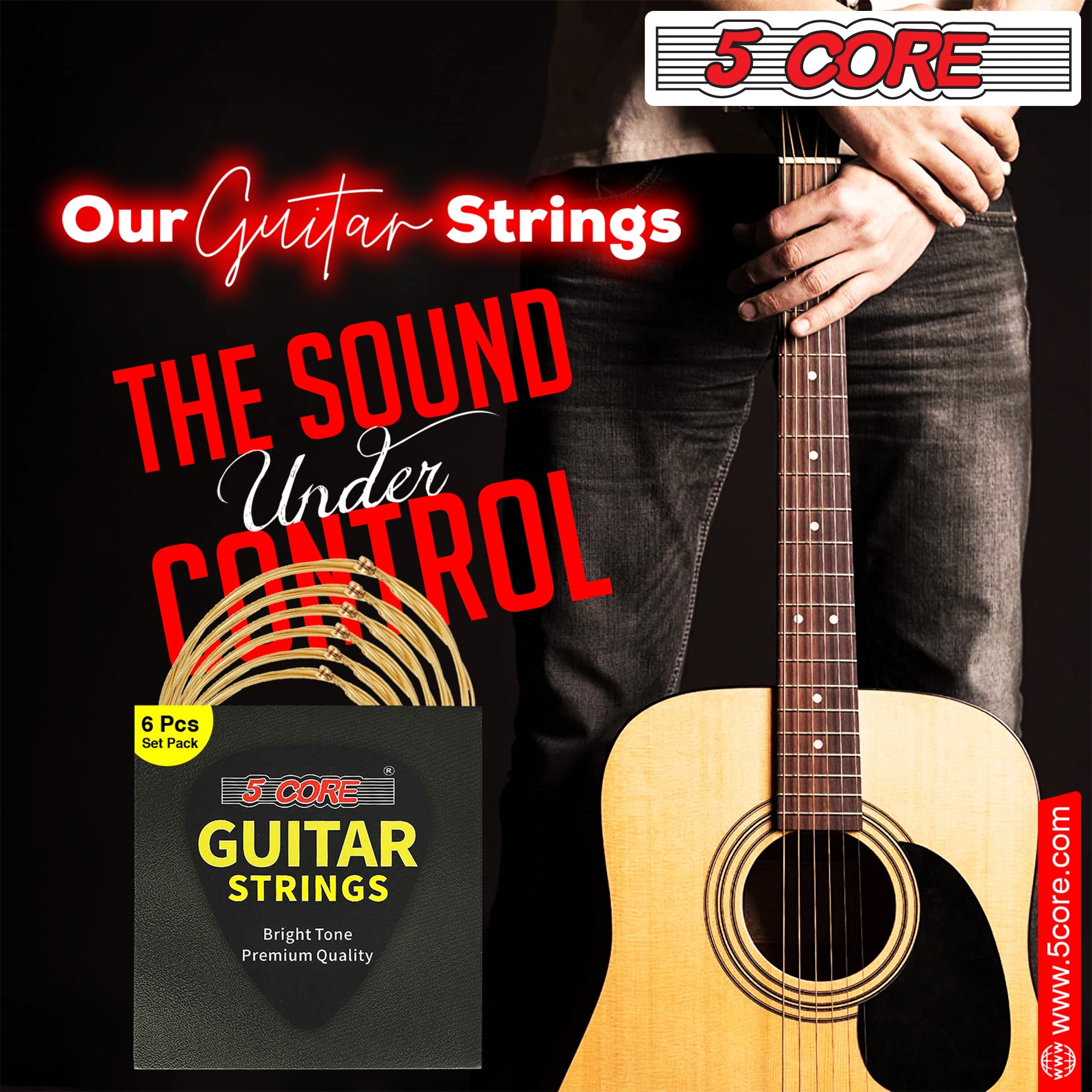 5 Core 3 Set Guitar Strings, featuring corrosion-resistant phosphor bronze construction for warm, balanced tones, ideal for acoustic guitars.