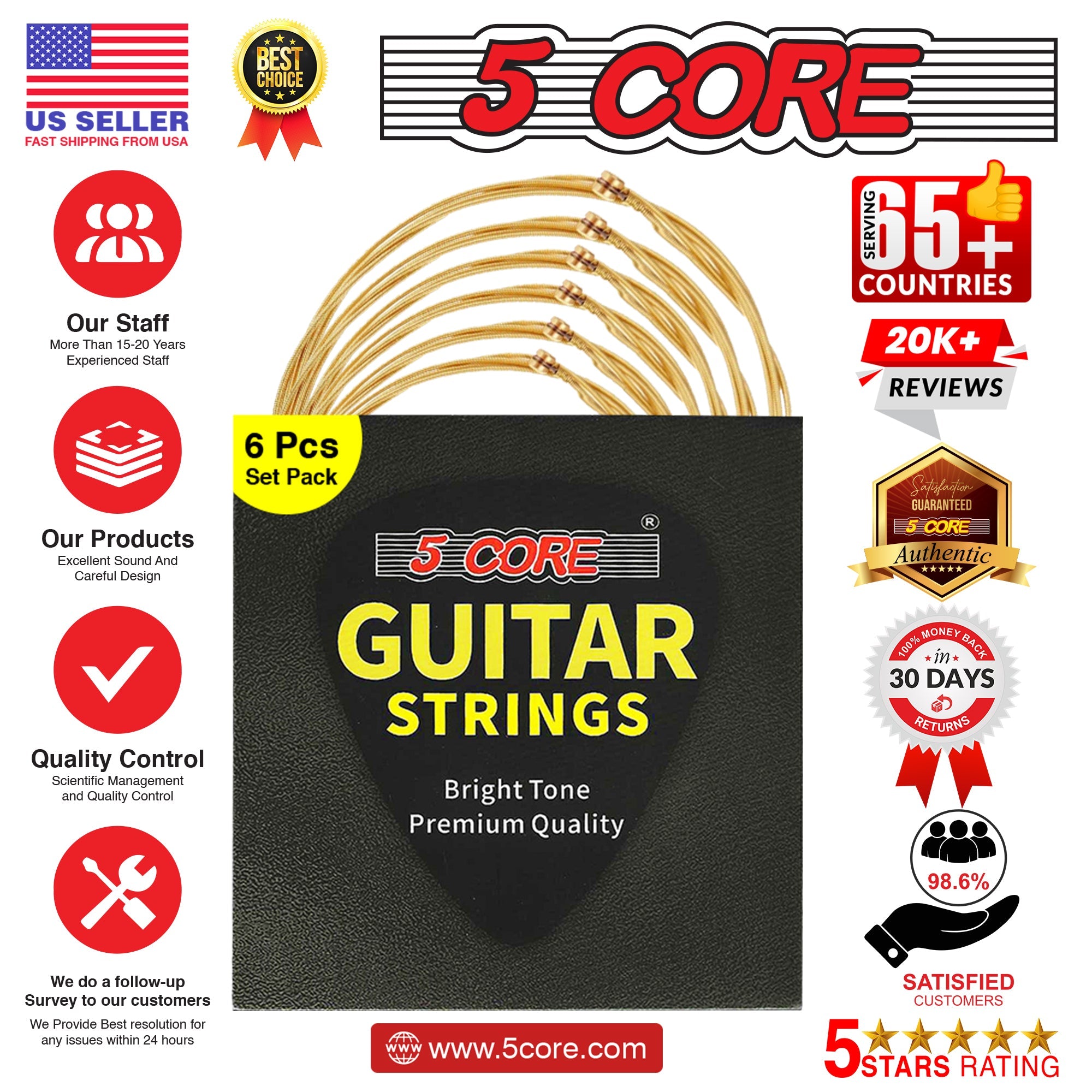 5 Core 3 Set Guitar Strings, featuring corrosion-resistant phosphor bronze construction for warm, balanced tones, ideal for acoustic guitars.