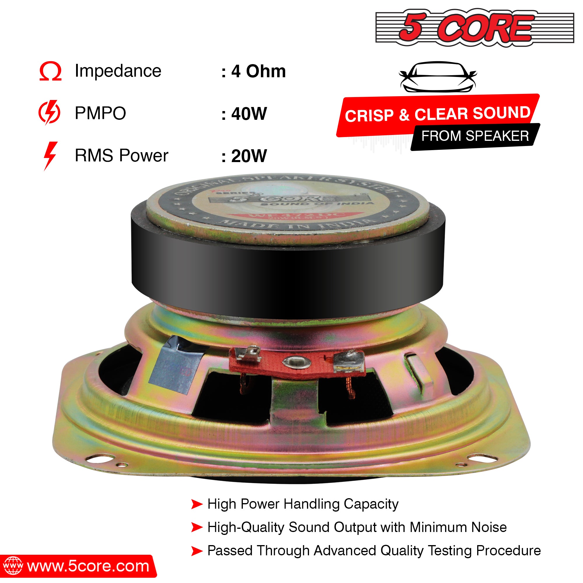 5 Core 4 Inch Subwoofer showcasing its dual PP cone and robust metal frame, designed for high performance and durability.