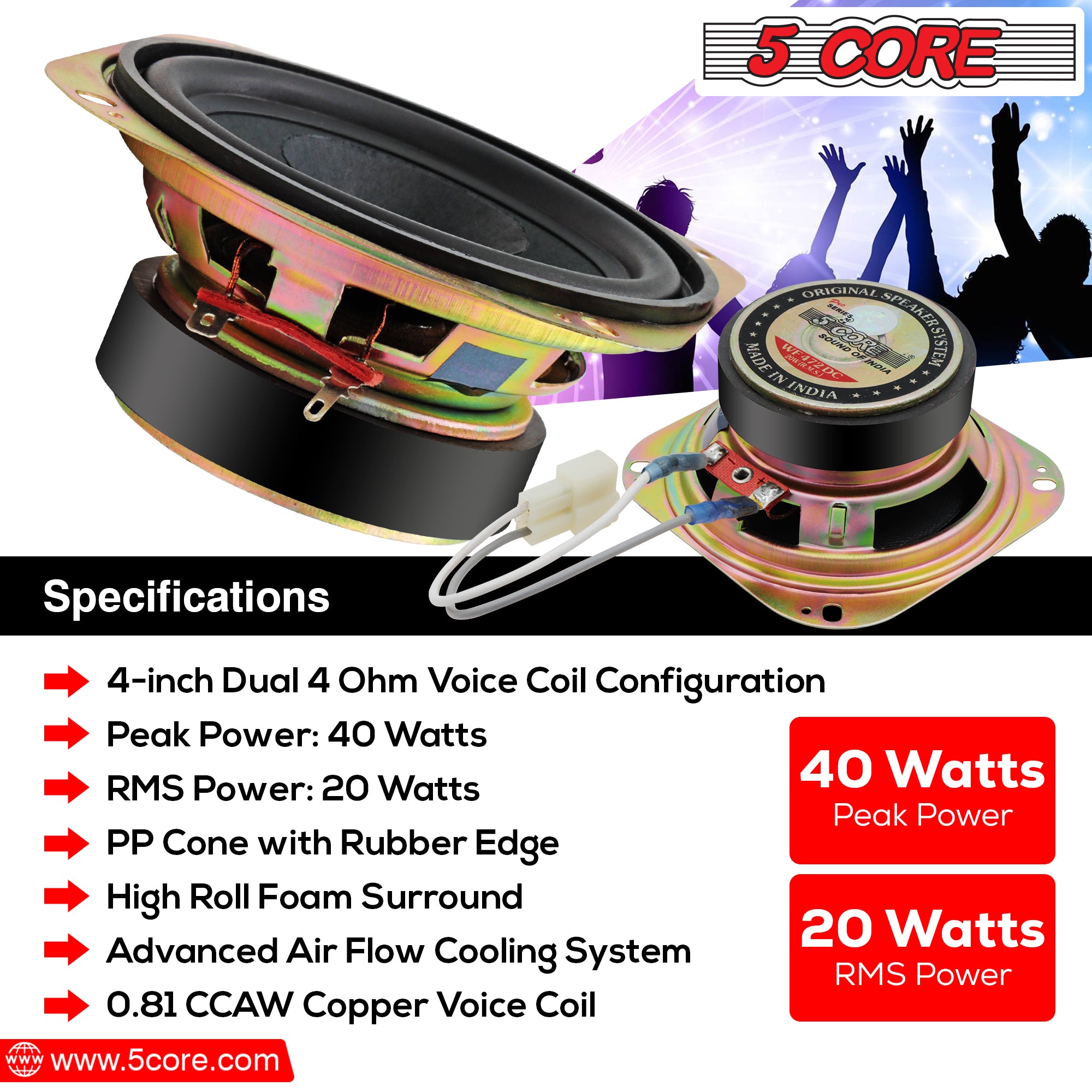 5 Core 4 Inch Subwoofer showcasing its dual PP cone and robust metal frame, designed for high performance and durability.