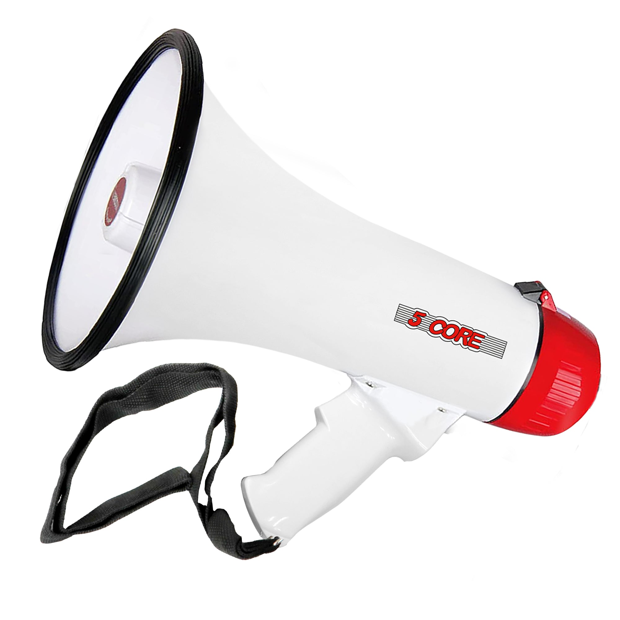 5 Core Portable Megaphone Speaker with detachable microphone, showcasing its ergonomic design and weather-resistant build.