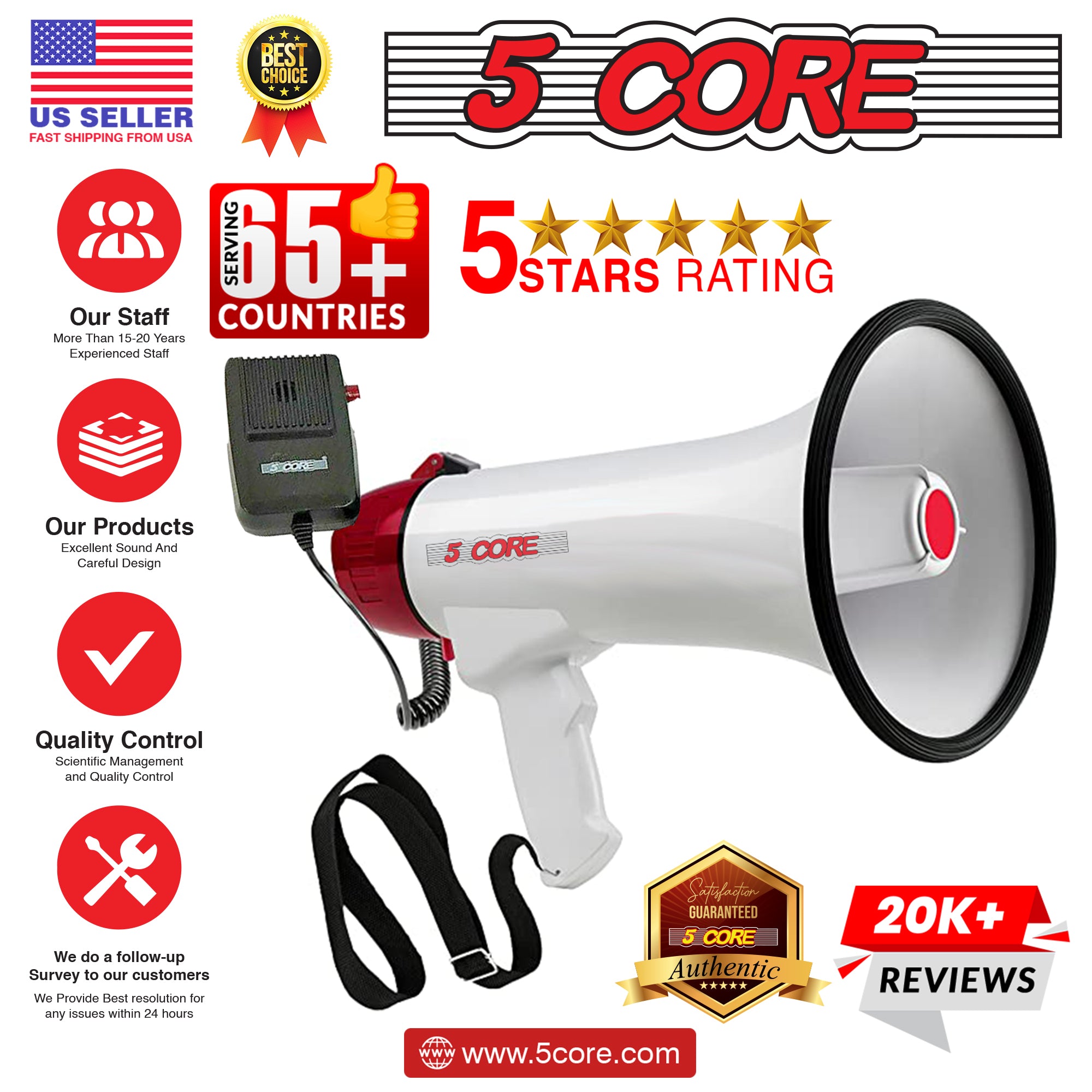 5 Core Portable Megaphone Speaker with detachable microphone, showcasing its ergonomic design and weather-resistant build.