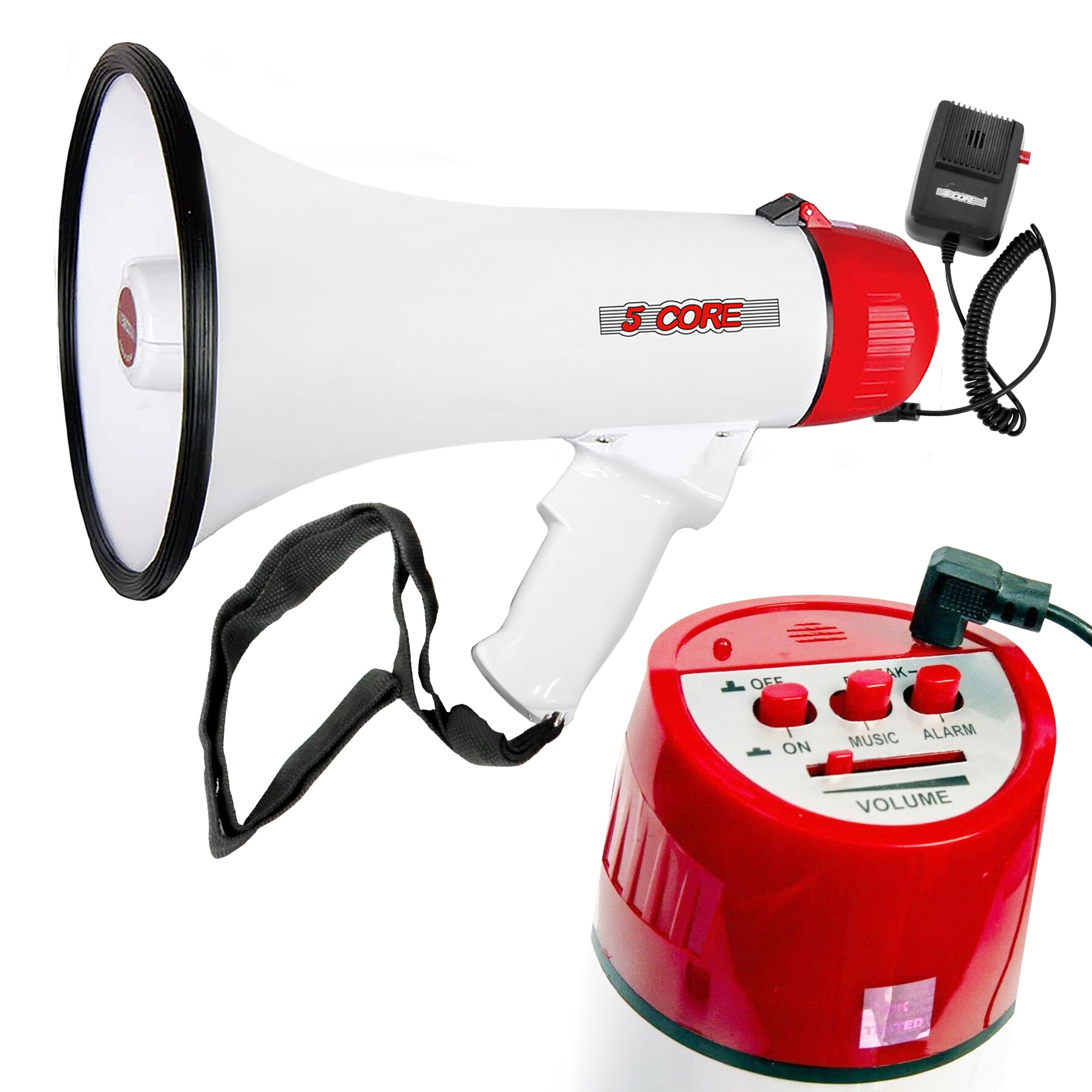 5 Core Portable Megaphone Speaker with detachable microphone, showcasing its ergonomic design and weather-resistant build.