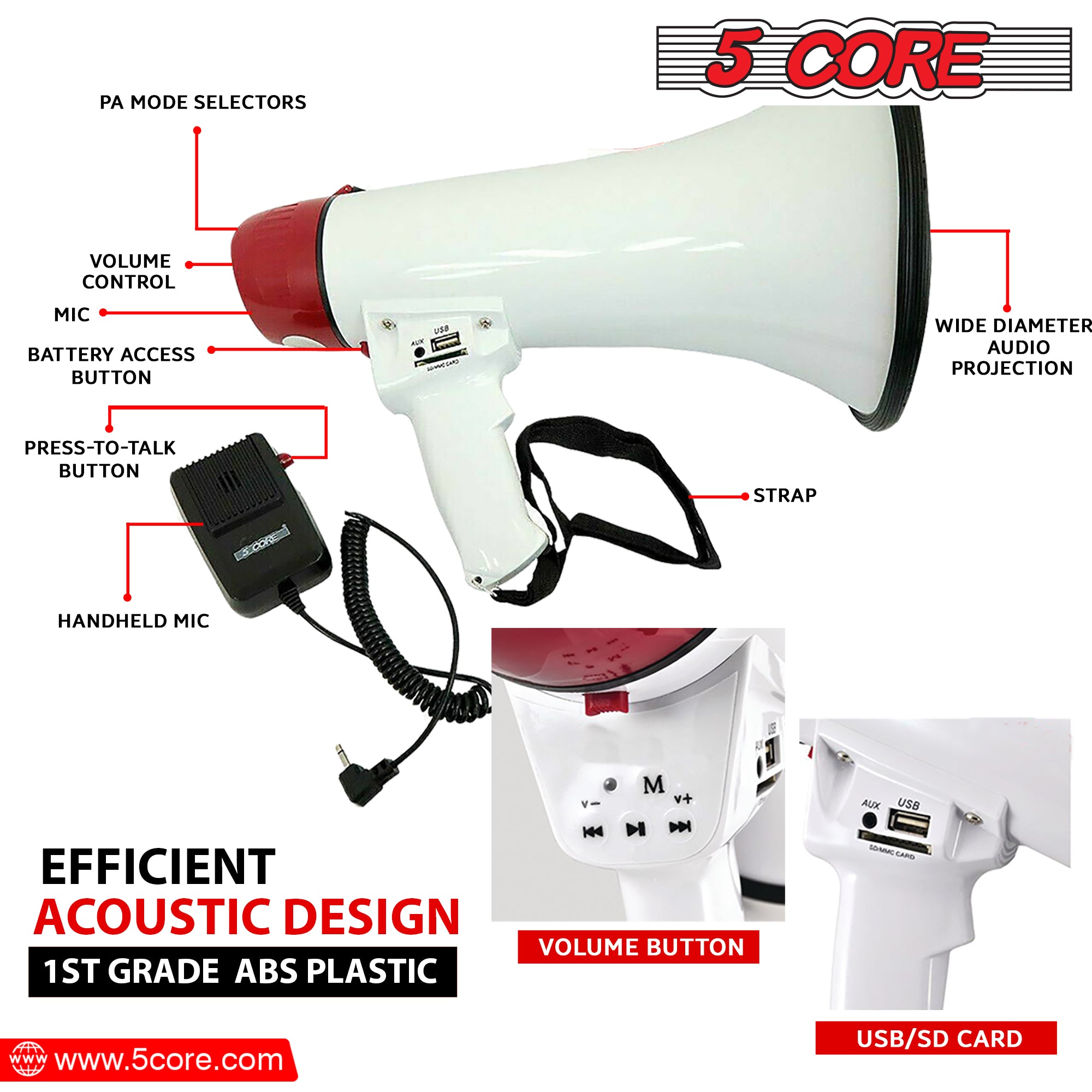 5 Core Portable Megaphone Speaker with detachable microphone, showcasing its ergonomic design and weather-resistant build.