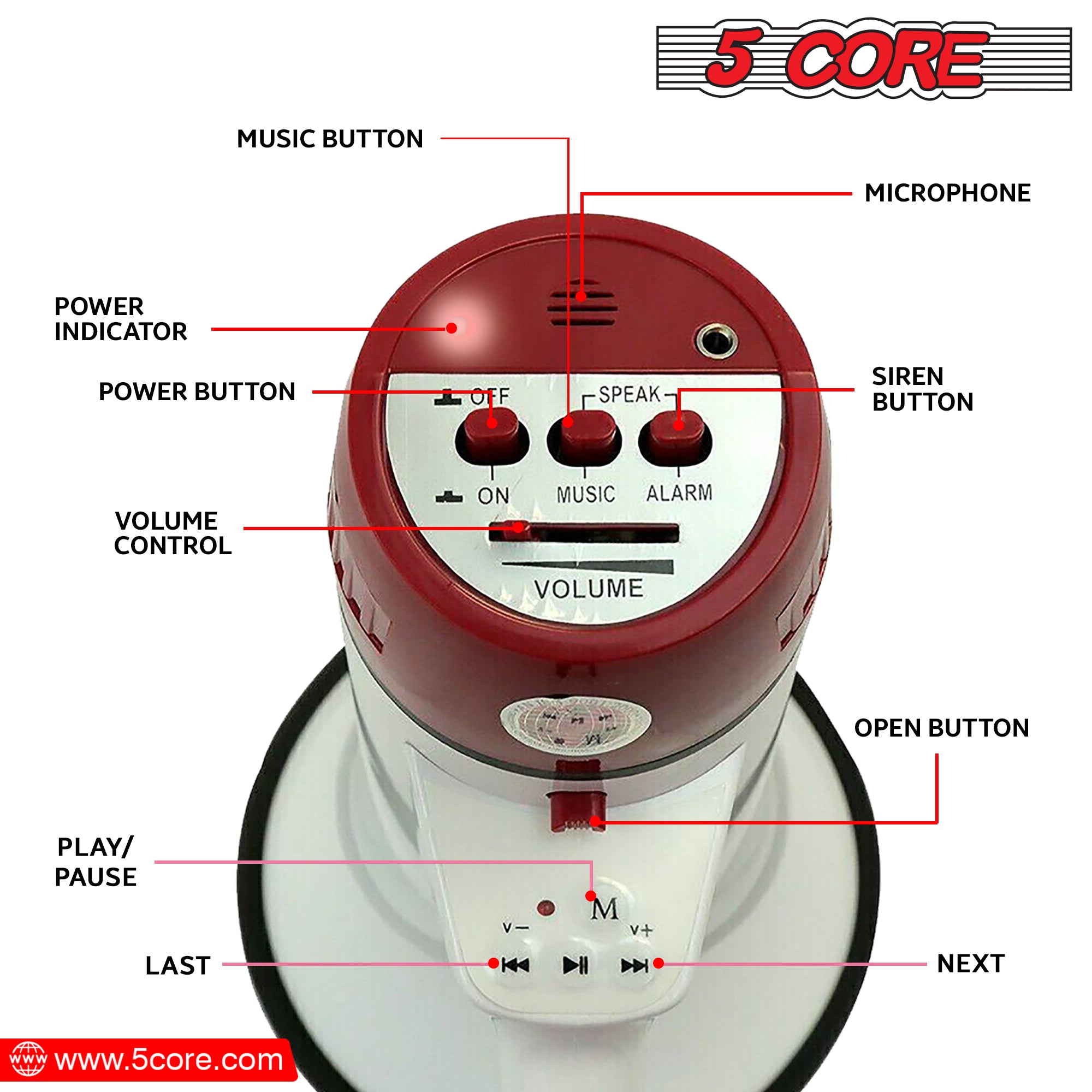 5 Core Portable Megaphone Speaker with detachable microphone, showcasing its ergonomic design and weather-resistant build.