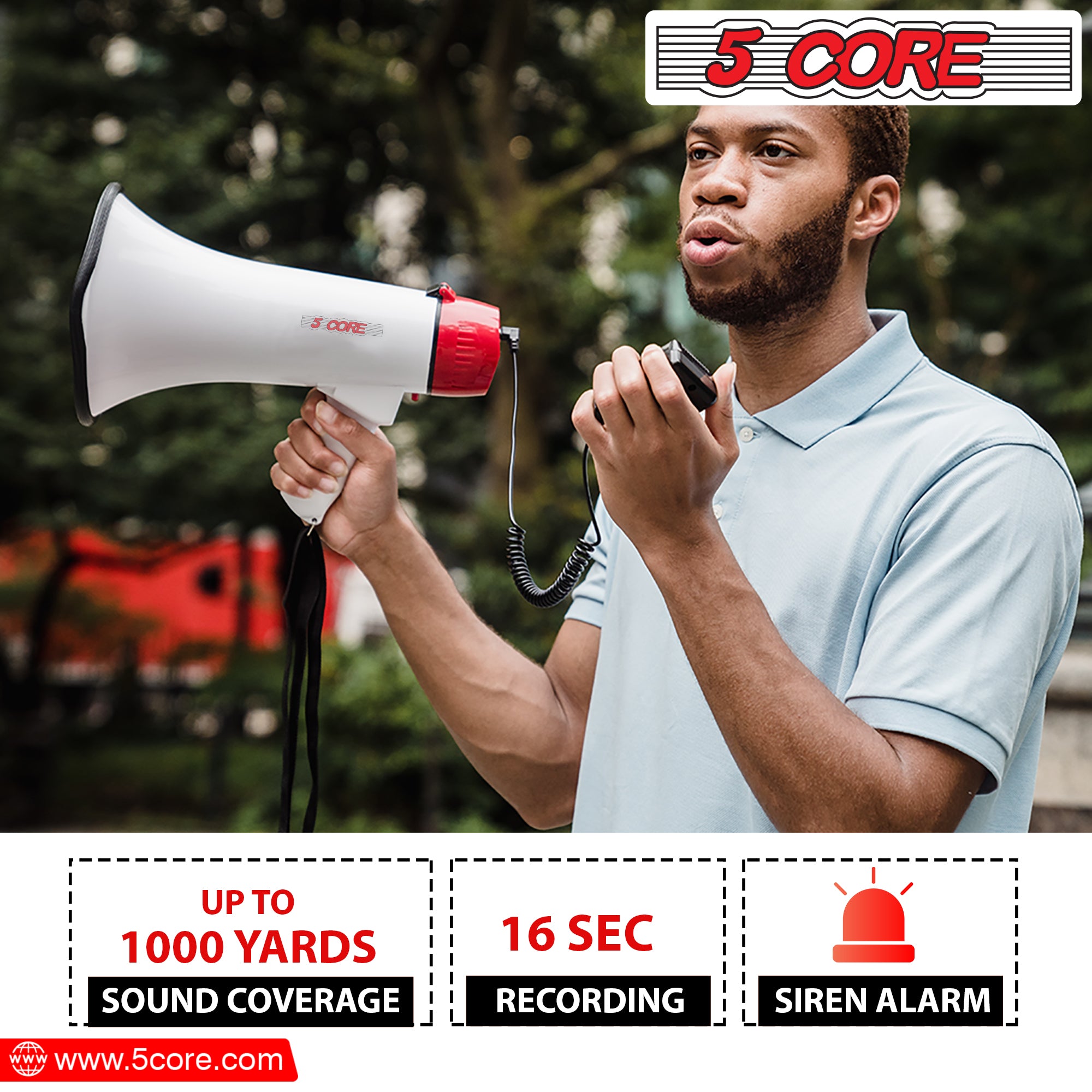 5 Core Portable Megaphone Speaker with detachable microphone, showcasing its ergonomic design and weather-resistant build.