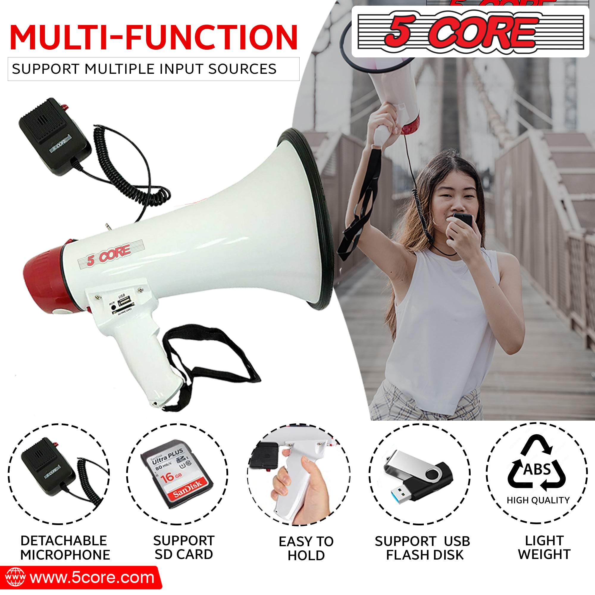 5 Core Portable Megaphone Speaker with detachable microphone, showcasing its ergonomic design and weather-resistant build.