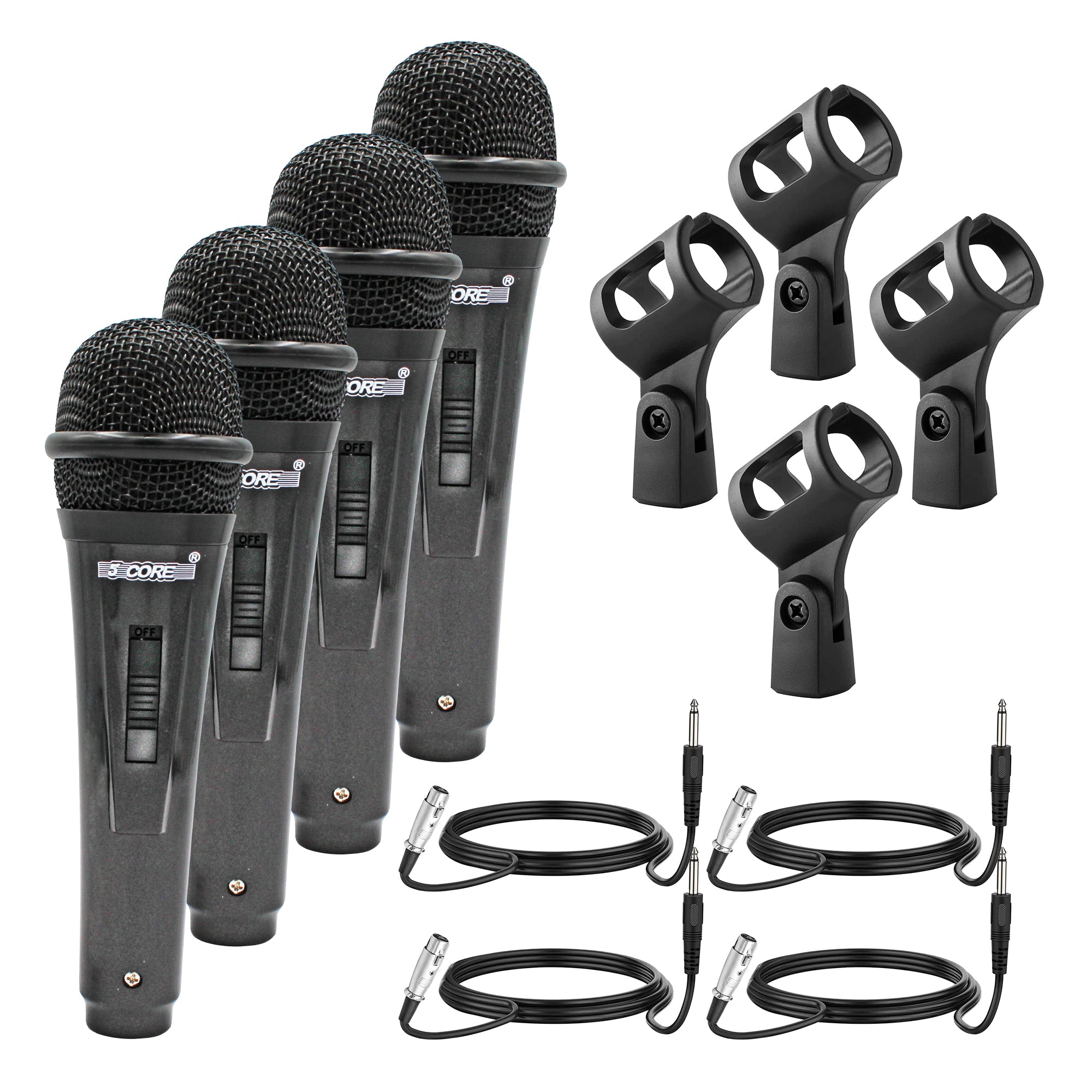 5 CORE 4 Pack Vocal Dynamic Cardioid Handheld Microphone with metal body and XLR connector, designed for high-quality sound and durability.