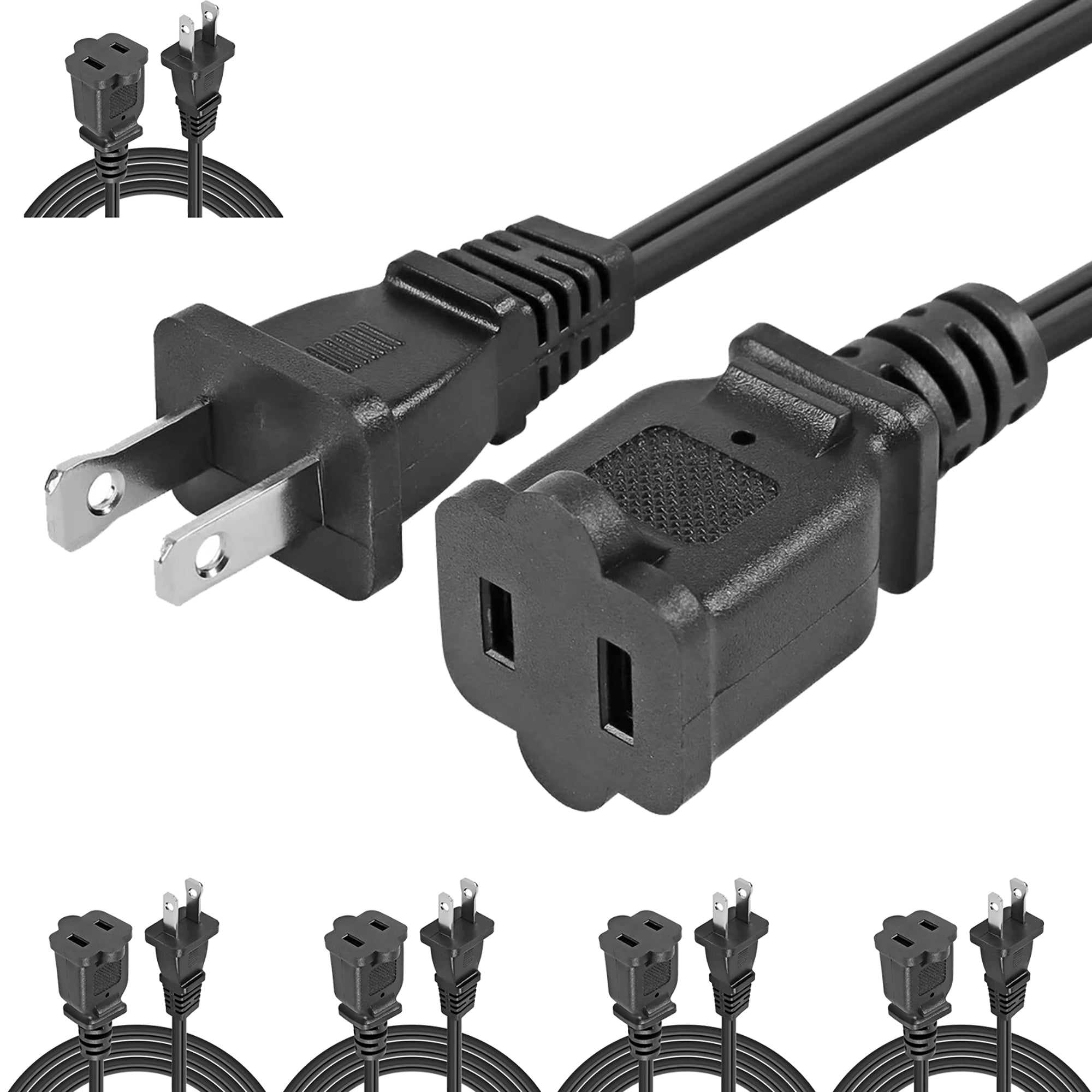 5 Core 10 ft 2 Prong Extension Cord with a durable black PVC vinyl jacket, suitable for indoor and outdoor use.