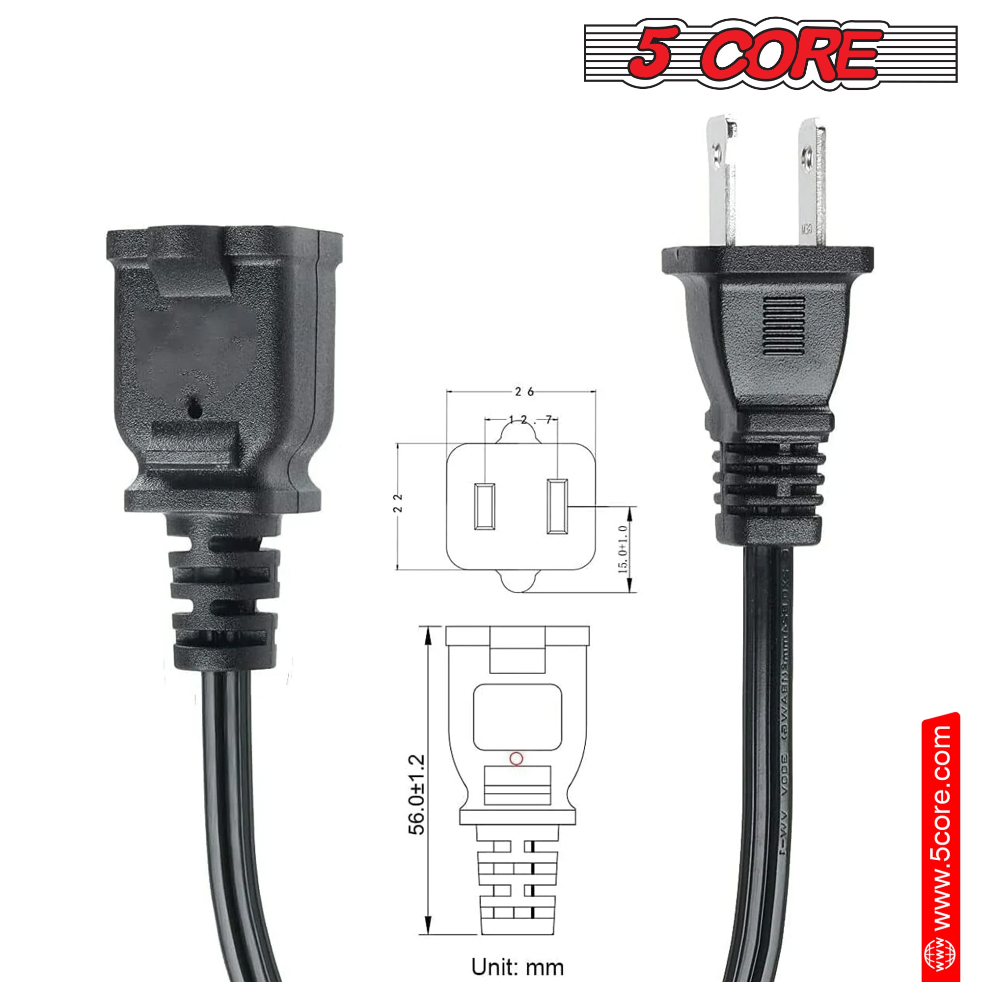 5 Core 10 ft 2 Prong Extension Cord with a durable black PVC vinyl jacket, suitable for indoor and outdoor use.