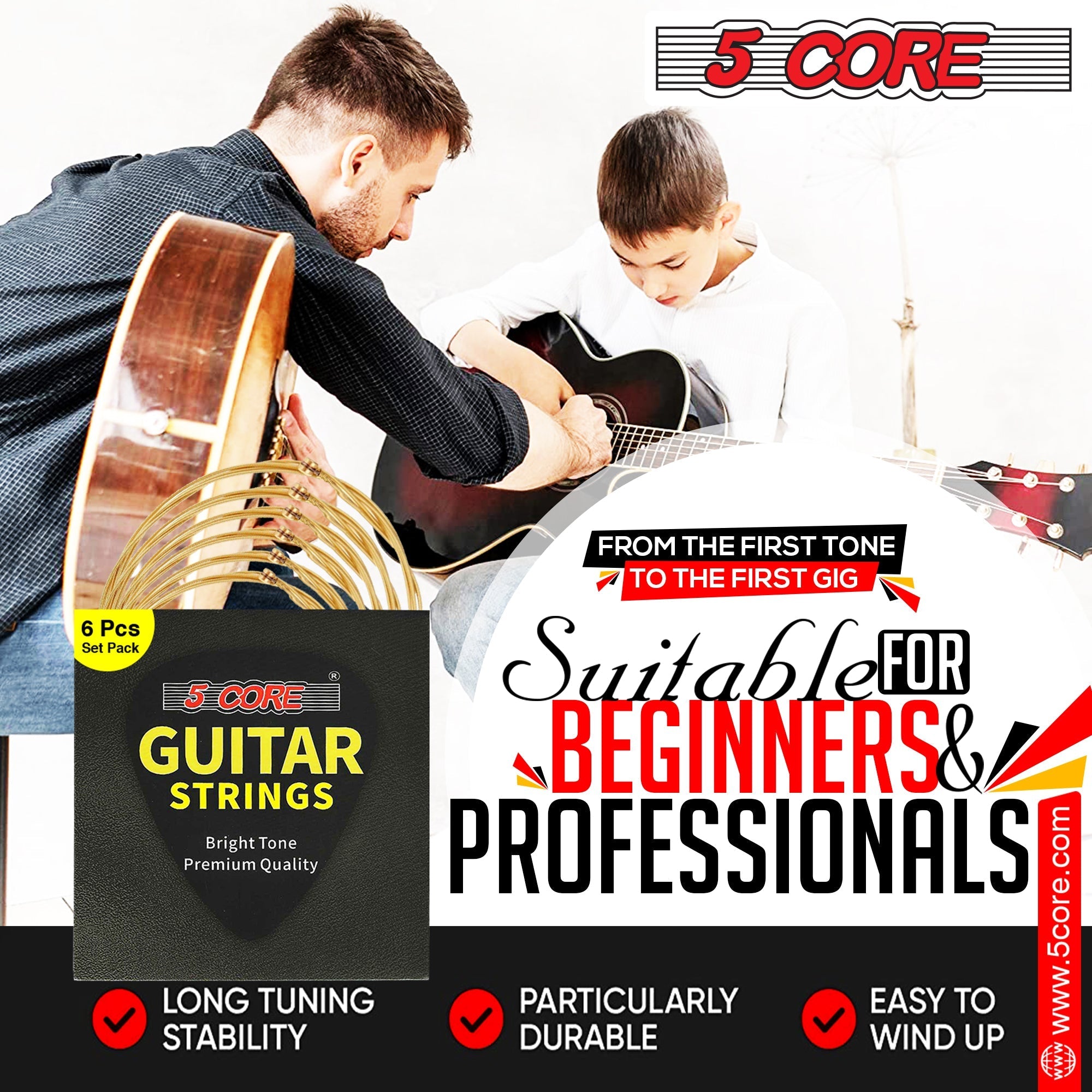 5 Core 6 Set Guitar Strings, featuring corrosion-resistant phosphor bronze construction for warm tone and reliable performance.