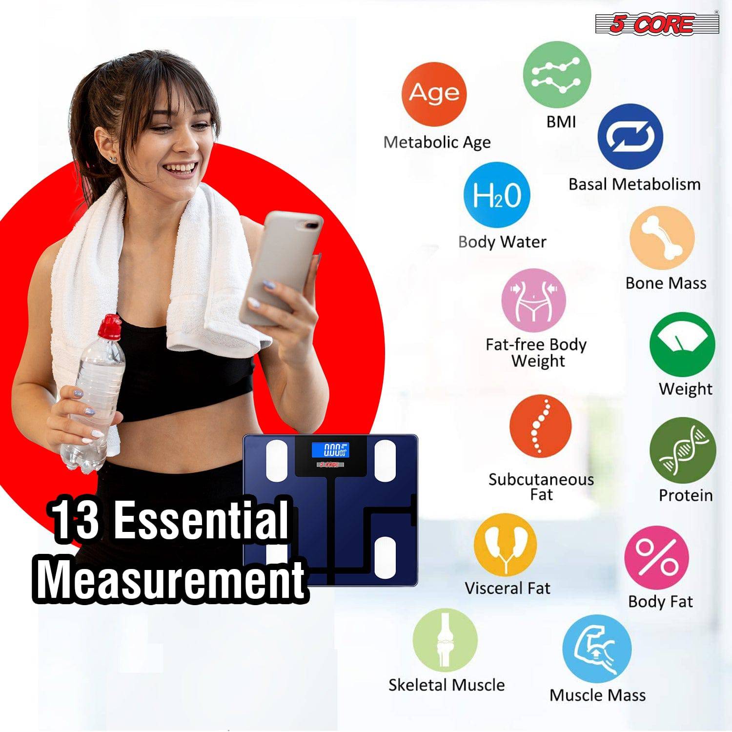 5 Core Bathroom Scale for Body Weight, featuring a sleek design with a tempered glass surface and a digital display for accurate weight measurement.