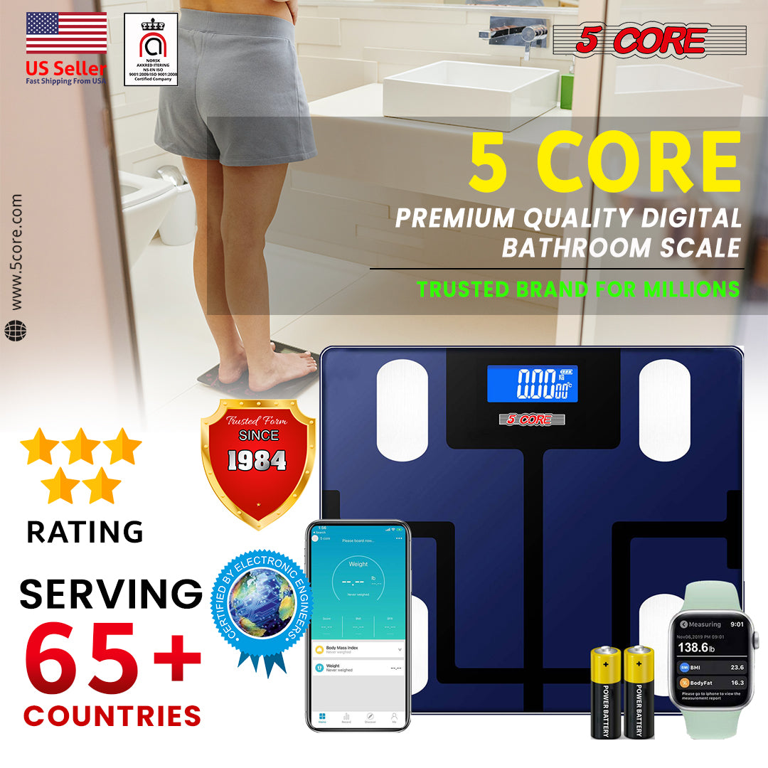 5 Core Bathroom Scale for Body Weight, featuring a sleek design with a tempered glass surface and a digital display for accurate weight measurement.