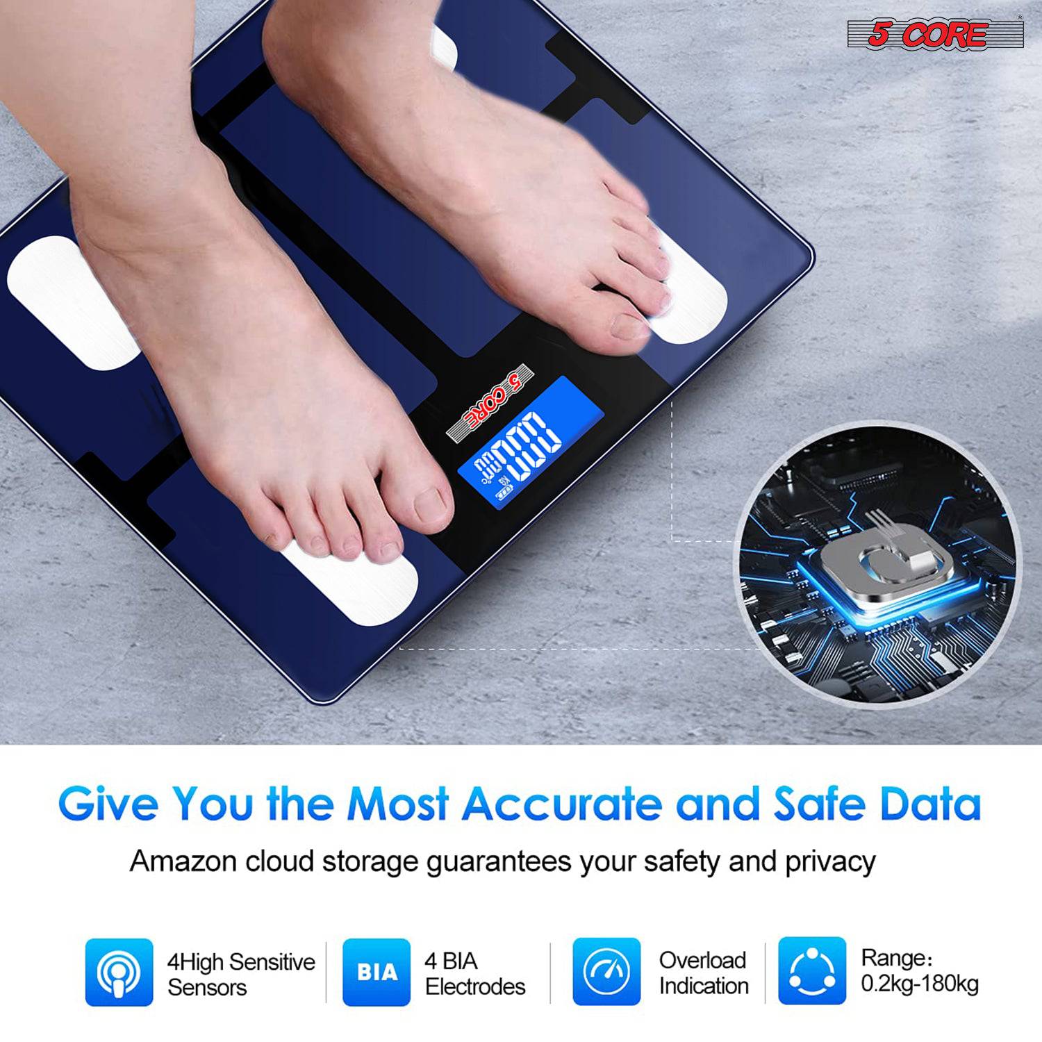 5 Core Bathroom Scale for Body Weight, featuring a sleek design with a tempered glass surface and a digital display for accurate weight measurement.