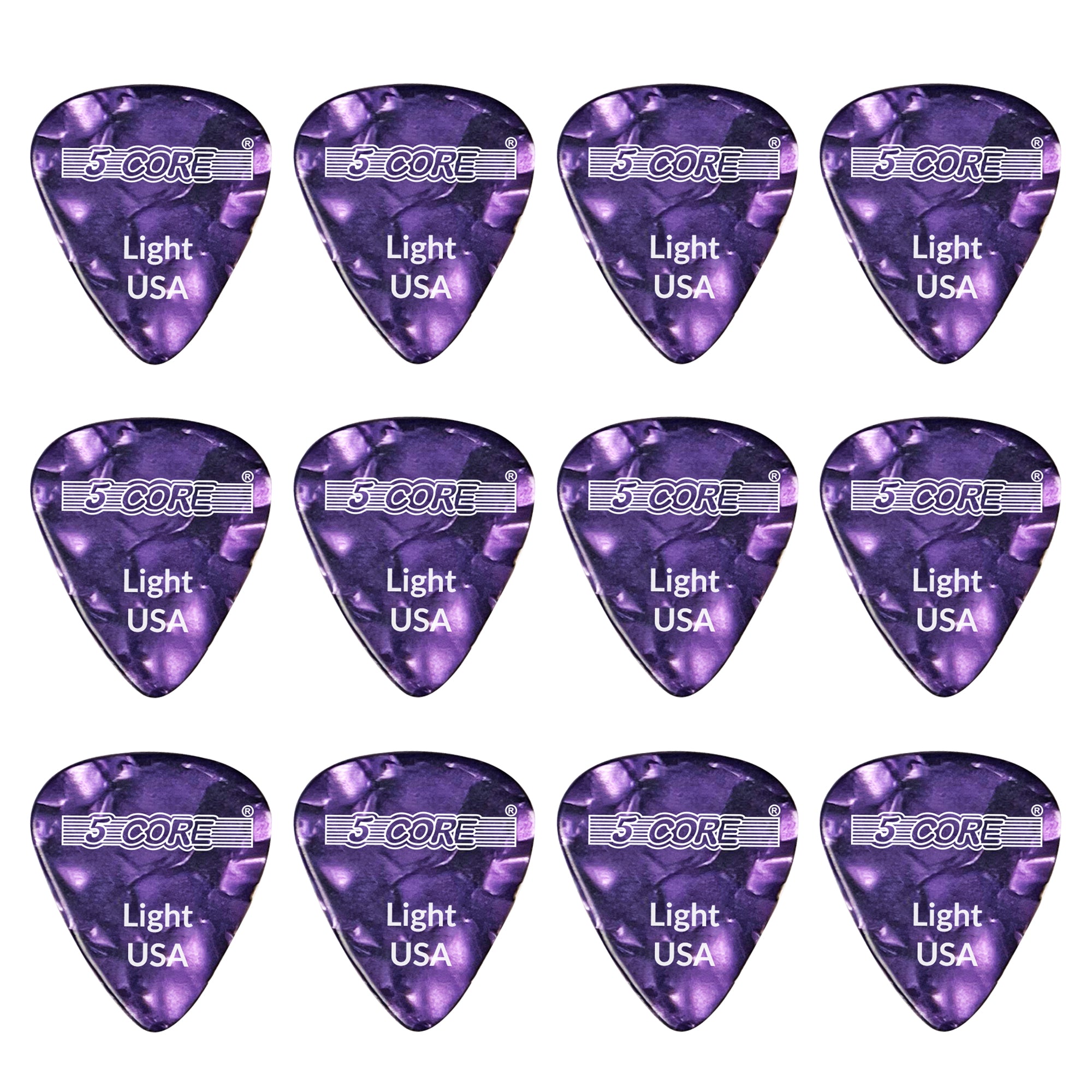 A pack of 12 purple light gauge guitar picks made from premium celluloid, designed for comfortable strumming and warm tones.