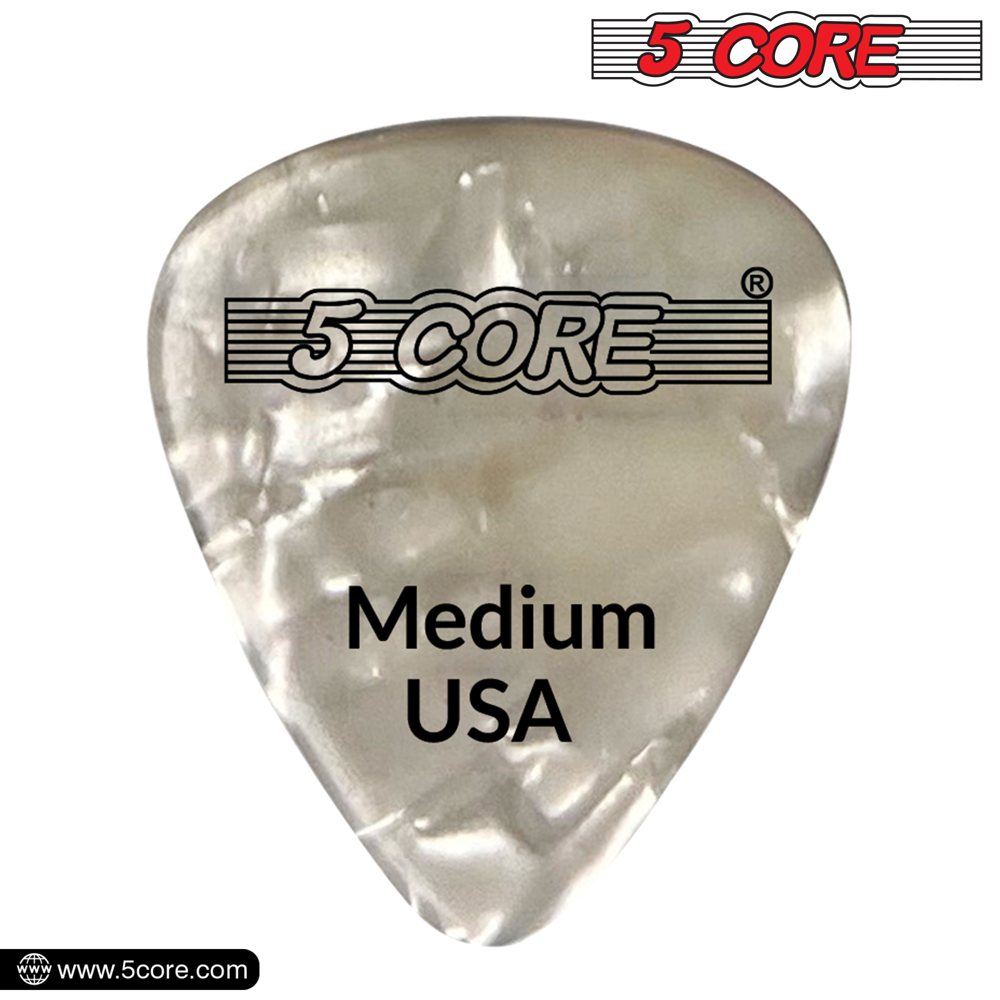 A colorful assortment of 5 Core Celluloid Guitar Picks in various gauges, perfect for acoustic guitar players.