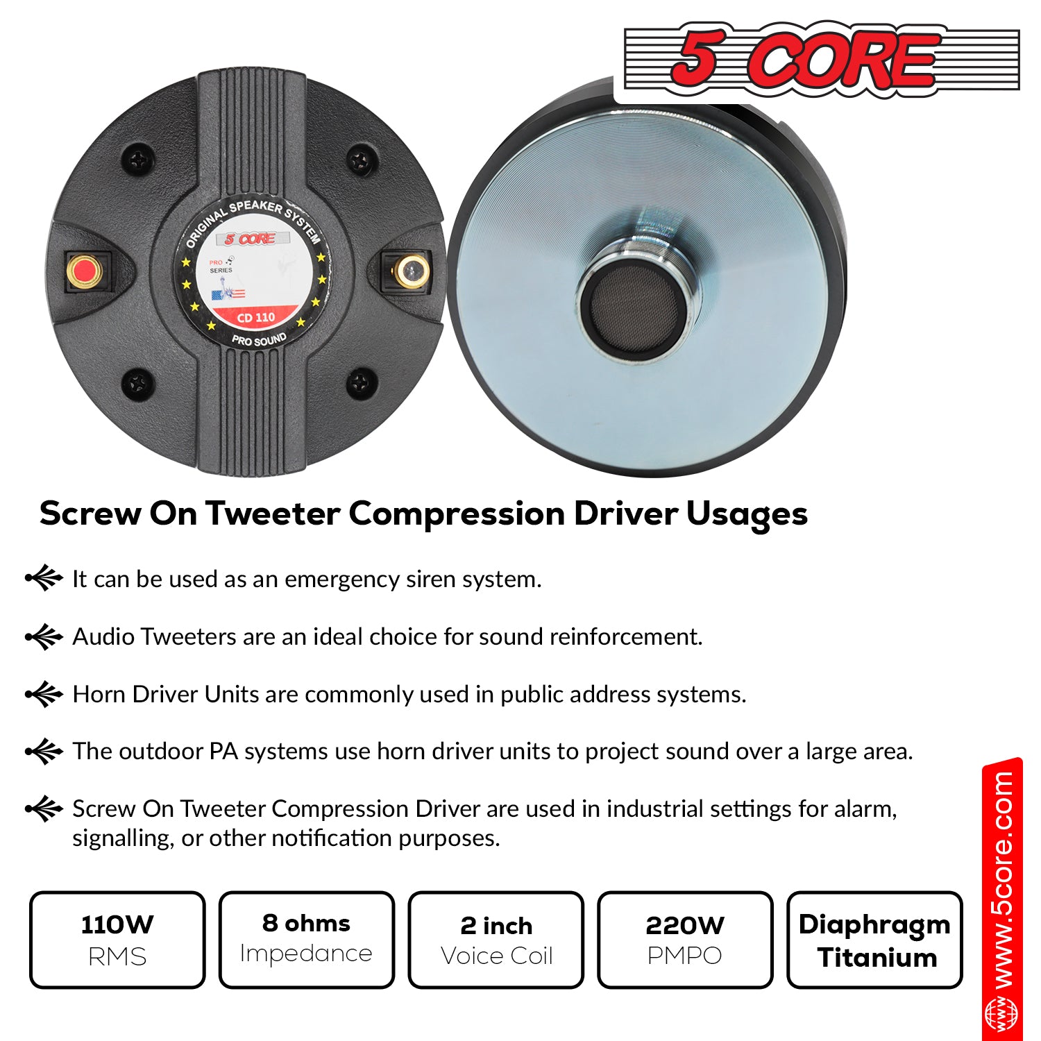 5 Core Compression Driver 3.5 Inch Tweeter Horn Throat with a durable titanium body and 18 oz magnet, designed for high-performance audio.