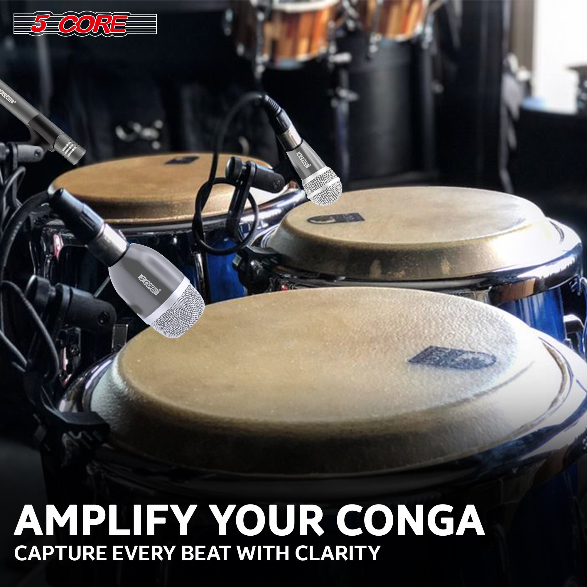 5 Core Conga Mic Snare Tom Cardioid Dynamic Microphone designed for drummers, featuring a large diaphragm and durable steel mesh grille.