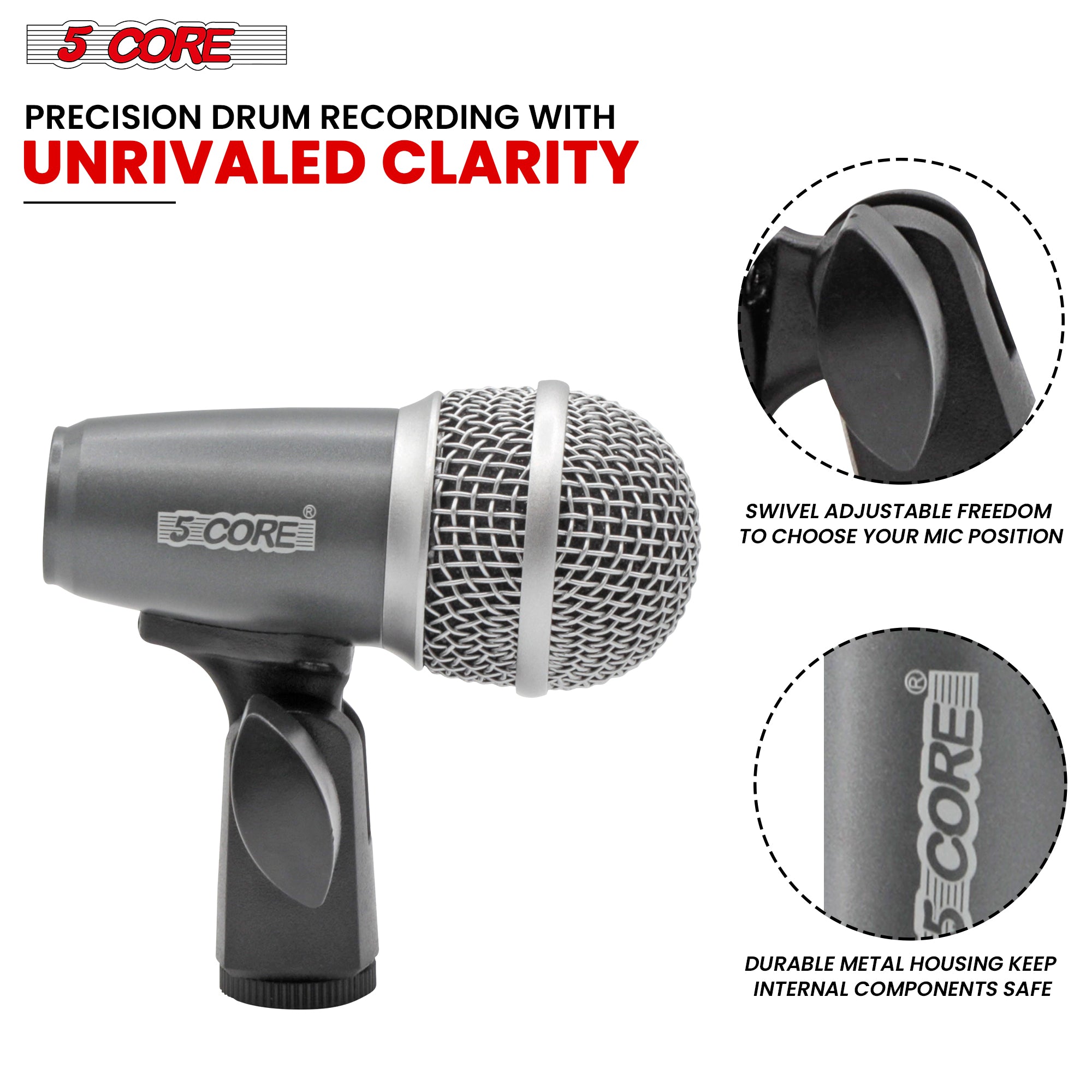 5 Core Conga Mic Snare Tom Cardioid Dynamic Microphone designed for drummers, featuring a large diaphragm and durable steel mesh grille.