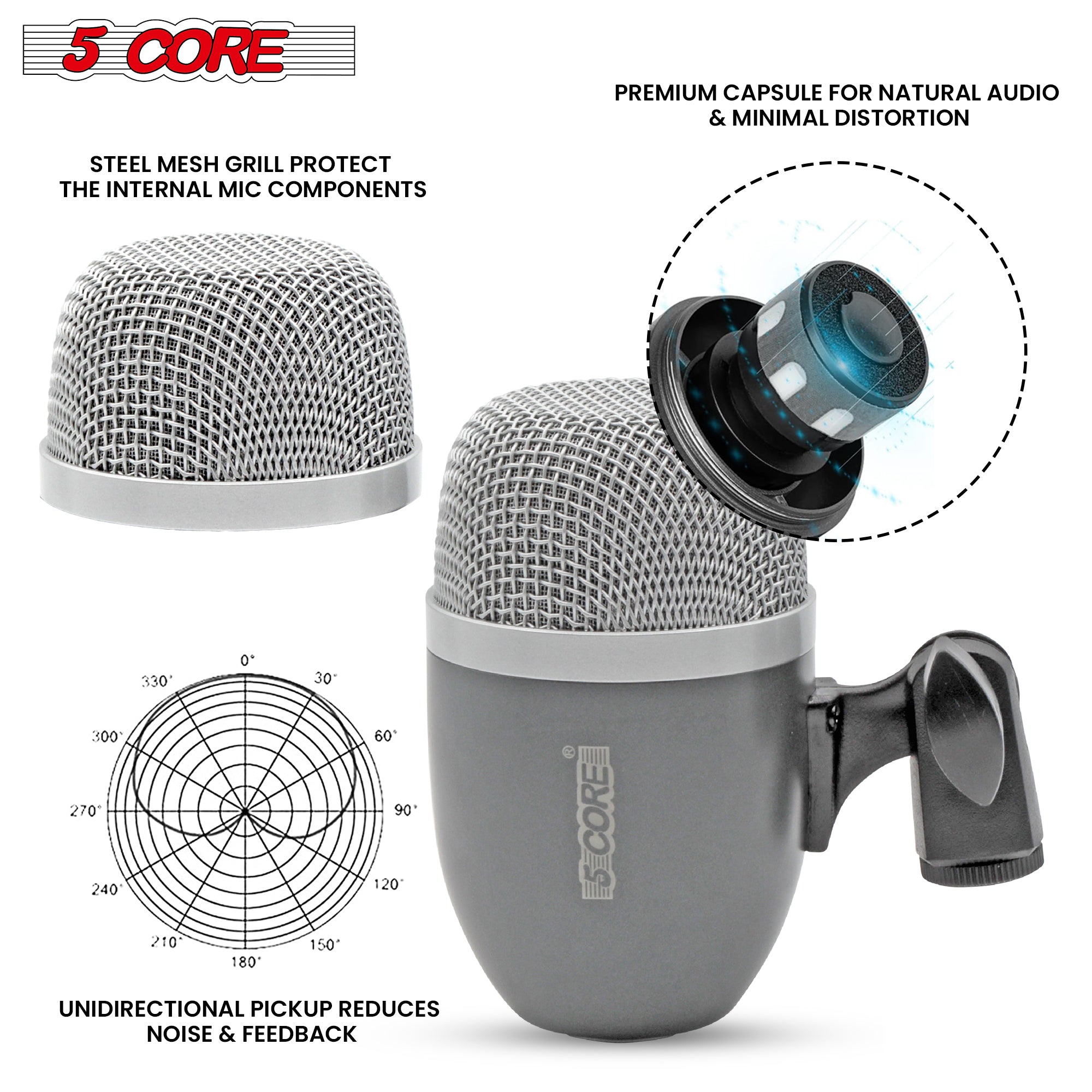 5 Core Conga Mic Snare Tom Cardioid Dynamic Microphone designed for drummers, featuring a large diaphragm and durable steel mesh grille.