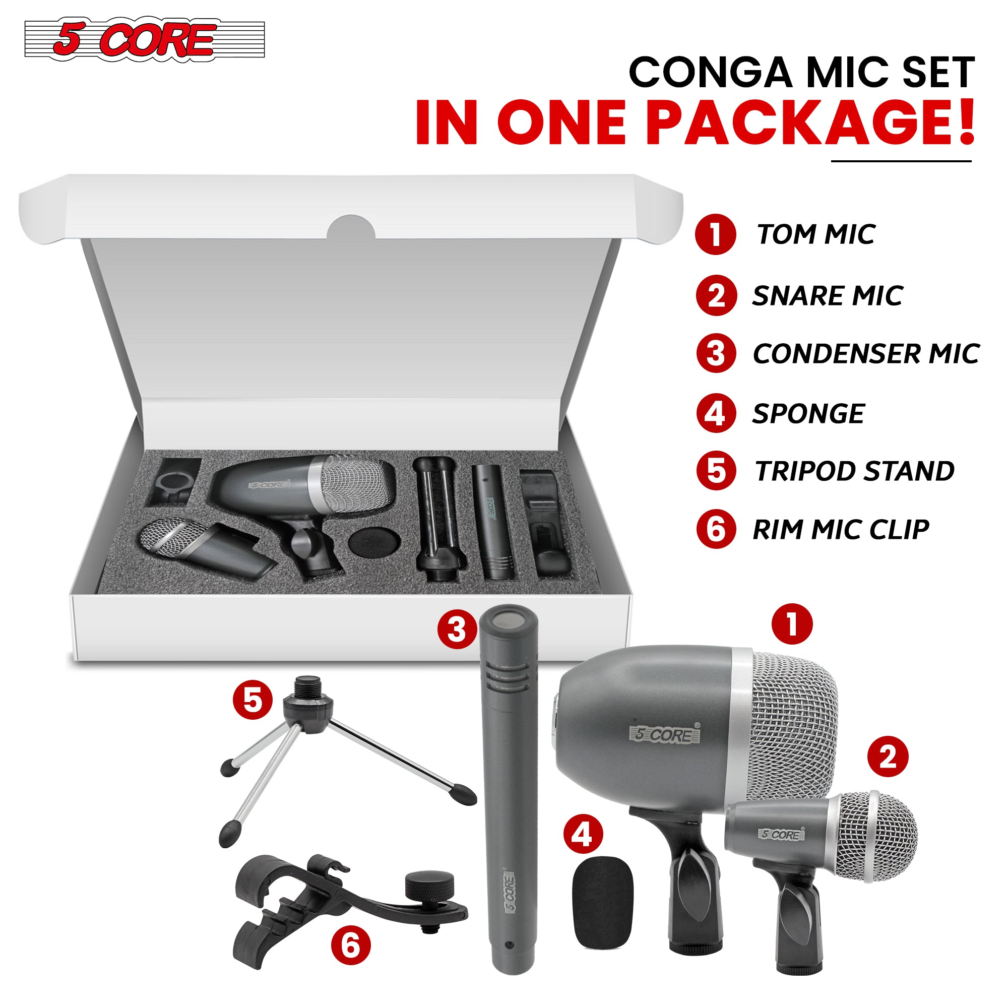 5 Core Conga Mic Snare Tom Cardioid Dynamic Microphone designed for drummers, featuring a large diaphragm and durable steel mesh grille.