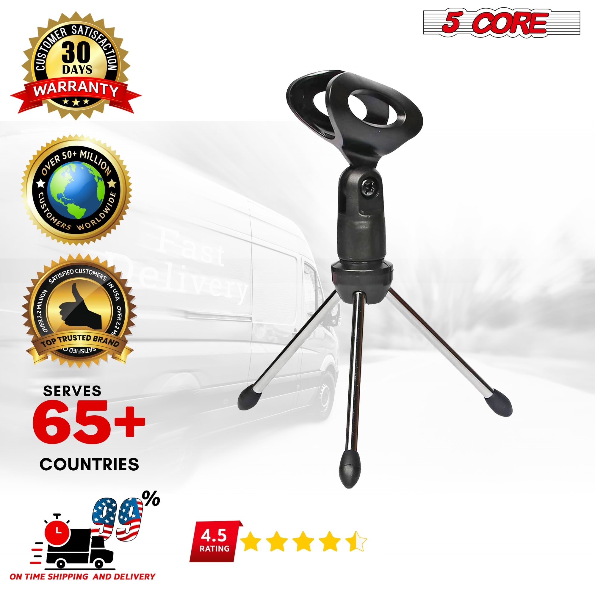 5 Core Desk Mic Stand with adjustable angle and tripod base, perfect for recording and streaming.