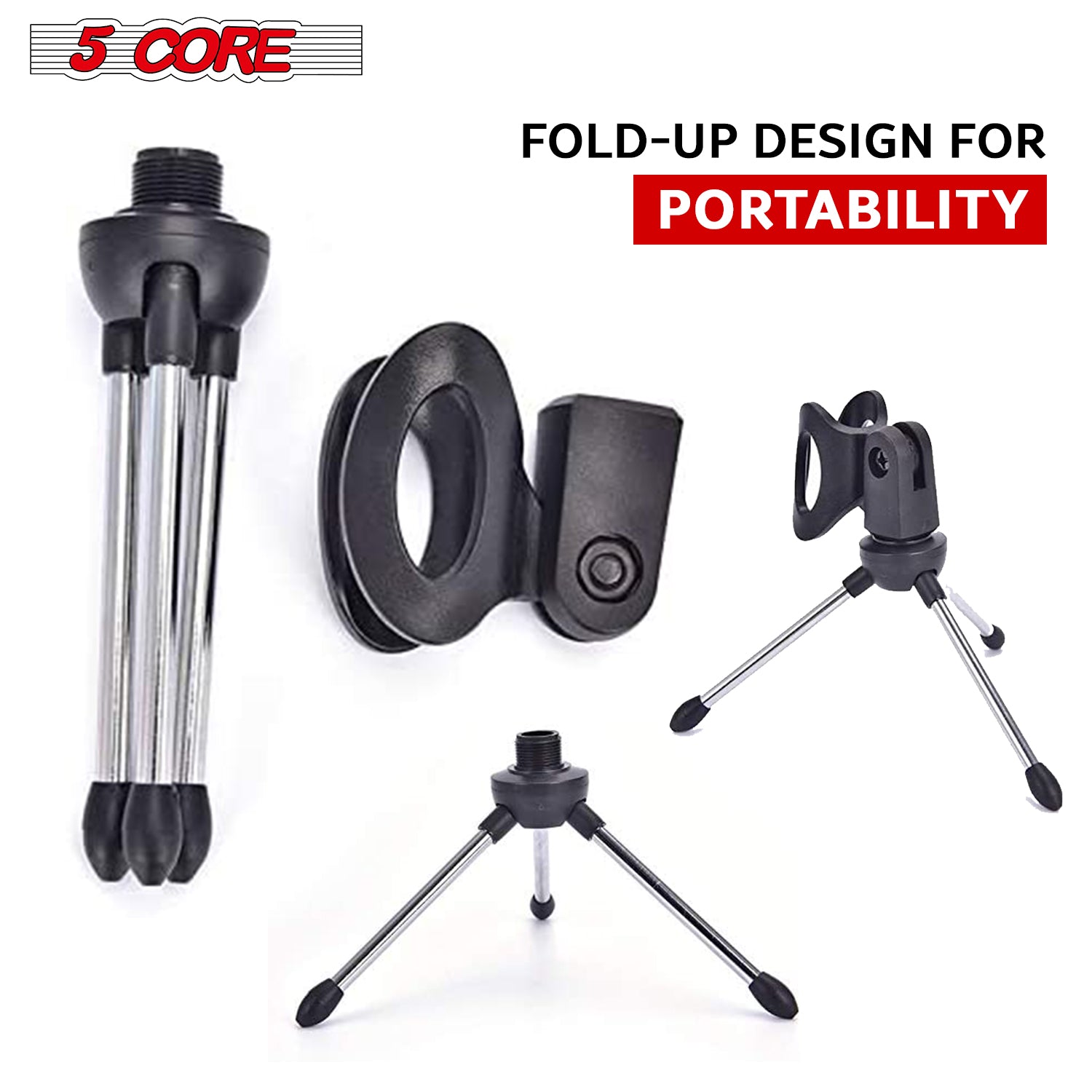 5 Core Desk Mic Stand with adjustable angle and tripod base, perfect for recording and streaming.