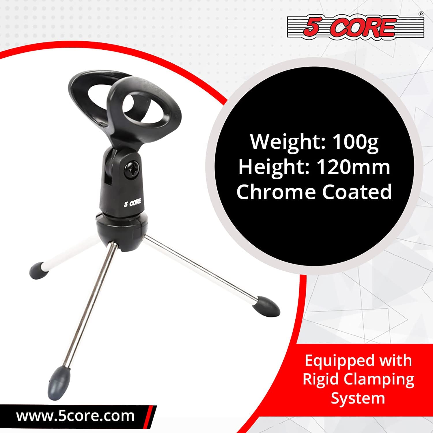 5 Core Desk Mic Stand with adjustable angle and tripod base, perfect for recording and streaming.