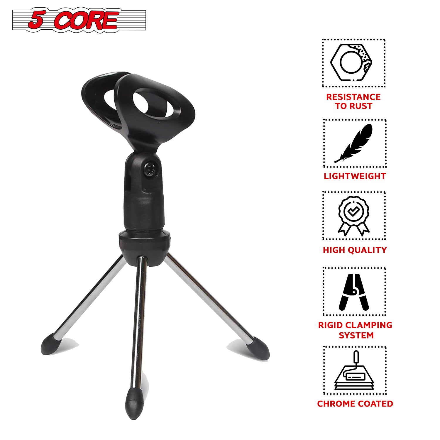 5 Core Desk Mic Stand with adjustable angle and tripod base, perfect for recording and streaming.